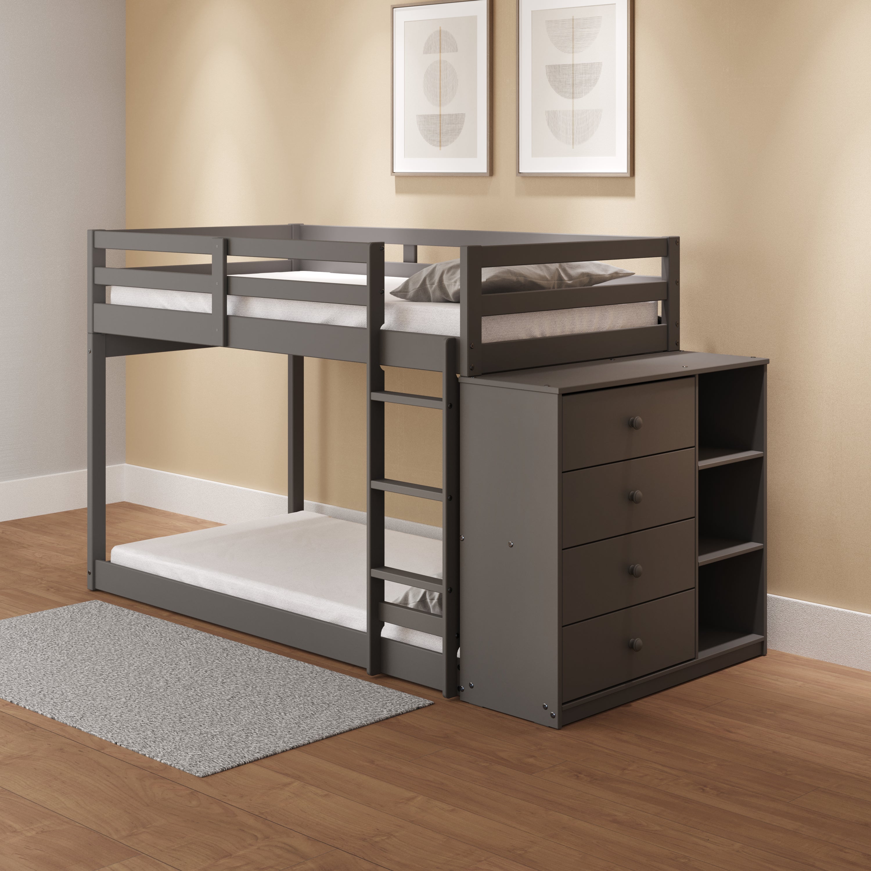 Gaston Twin/Twin Bunk Bed w/Cabinet, Gray Finish BD01372