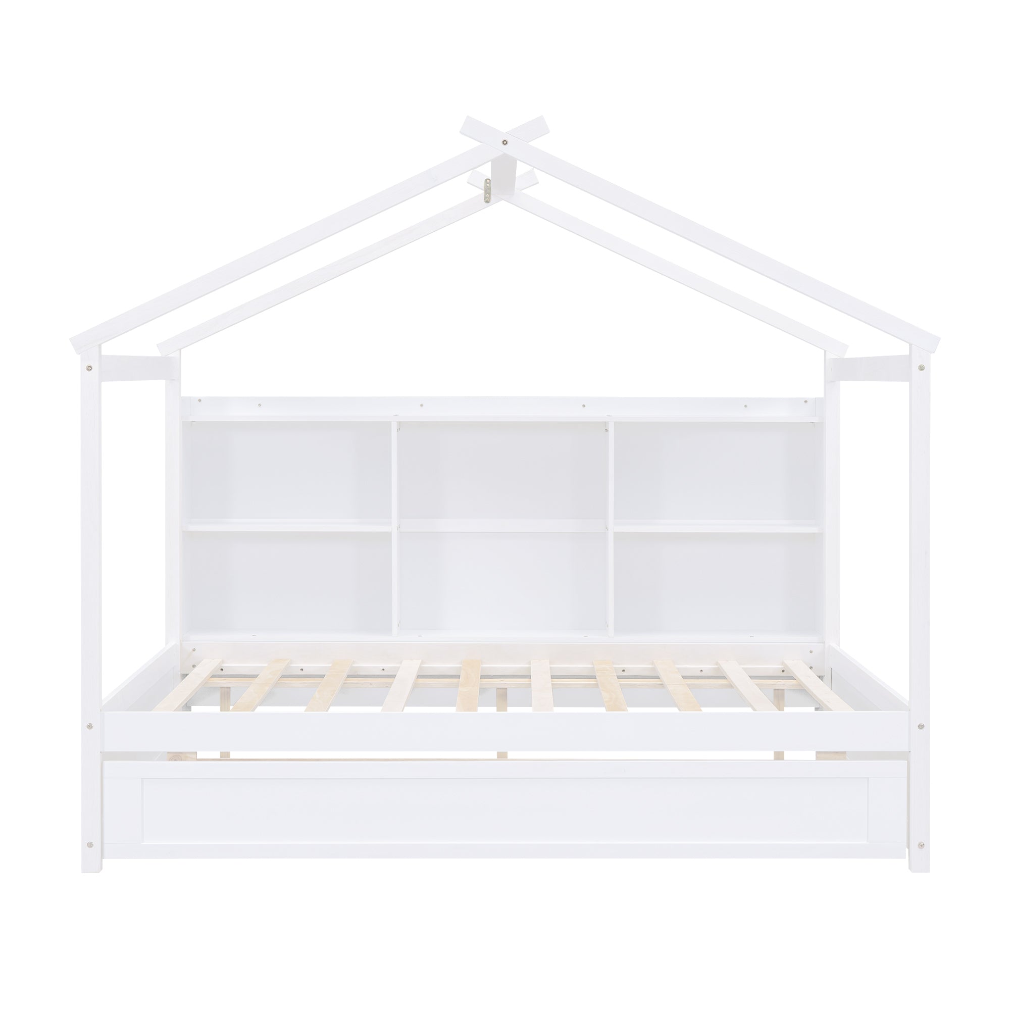 Full Size House Bed with Storage Shelves and Twin Size Trundle, Brushed White