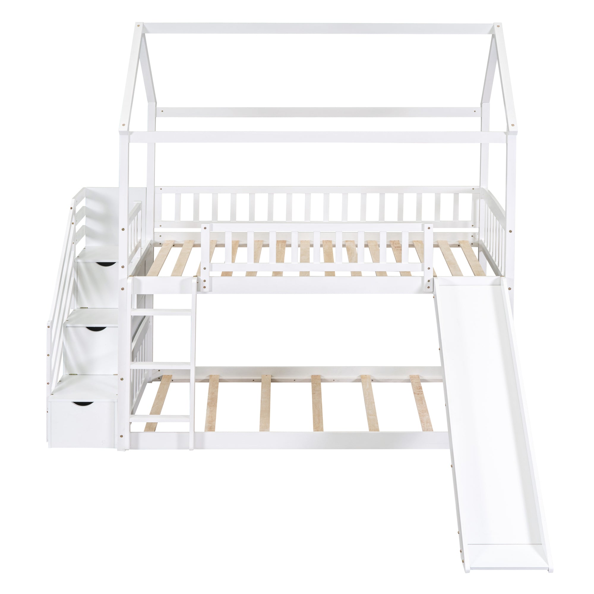 Twin Over Twin Bunk Bed with Drawers and Slide, House Bed with Slide,White(OLD SKU :LT000215AAK)