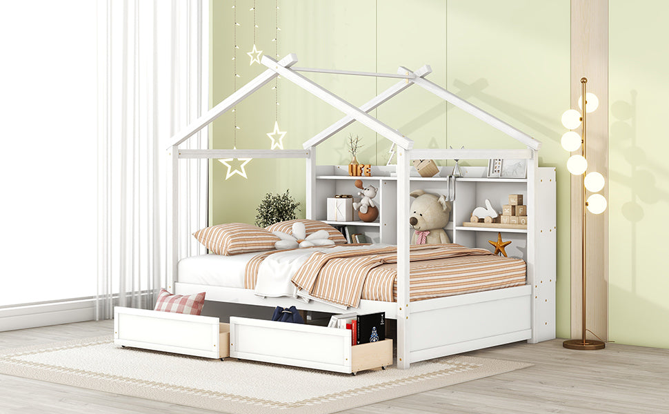 Full Size House Bed with Storage Shelves and 2 Drawers, Brushed White