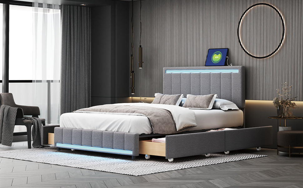 Full Size Upholstered Bed with LED Light and 4 Drawers, Modern Platform Bed with a set of Sockets and USB Ports, Linen Fabric, Gray