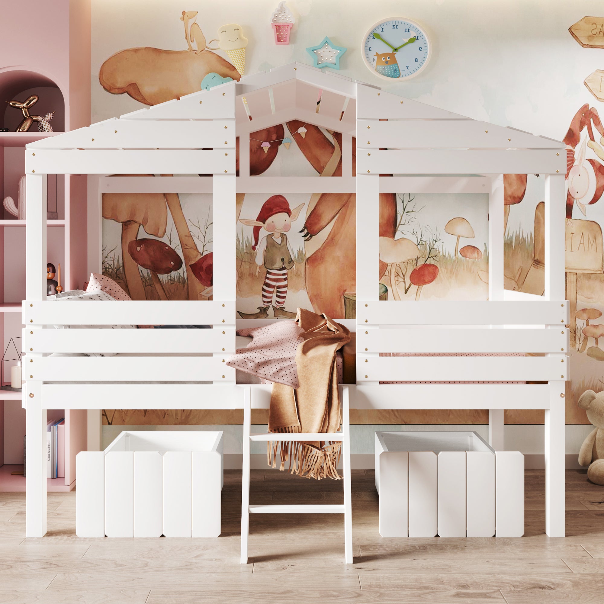 Twin Size Low Loft Wood House Bed with Two Drawers, White