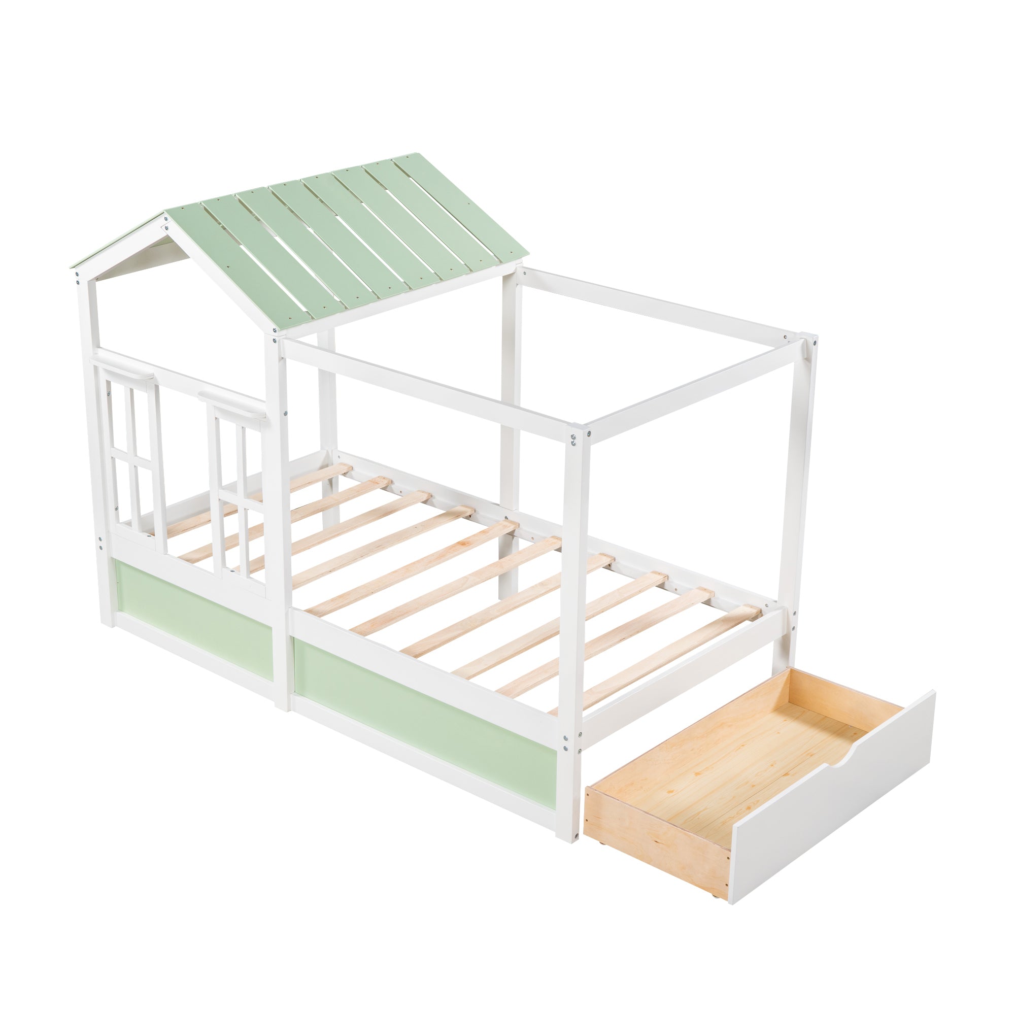 Twin Size House Bed with Roof, Window and Drawer - Green + White