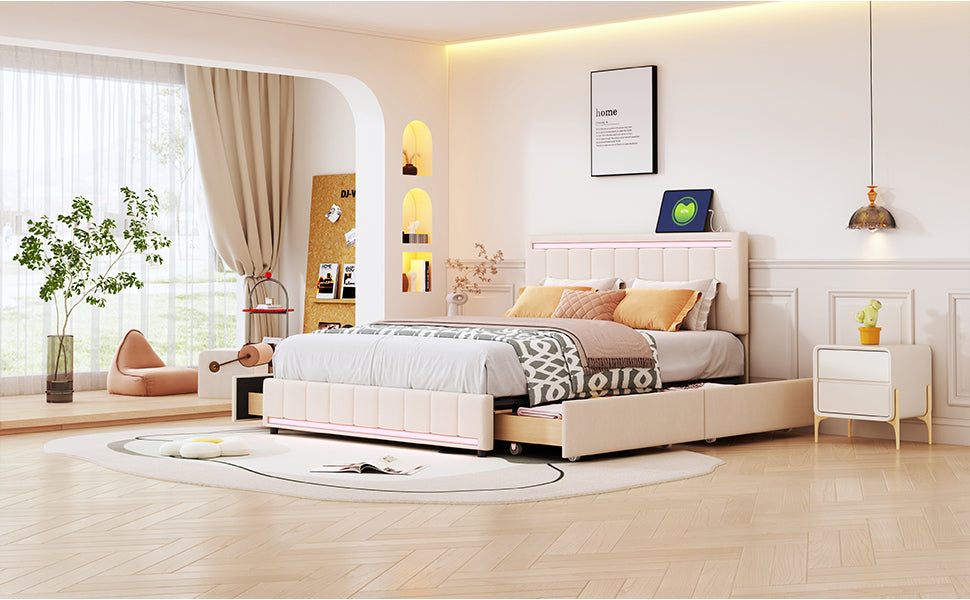 Queen Size Upholstered Bed with LED Light and 4 Drawers, Modern Platform Bed with a set of Sockets and USB Ports, Linen Fabric, Beige