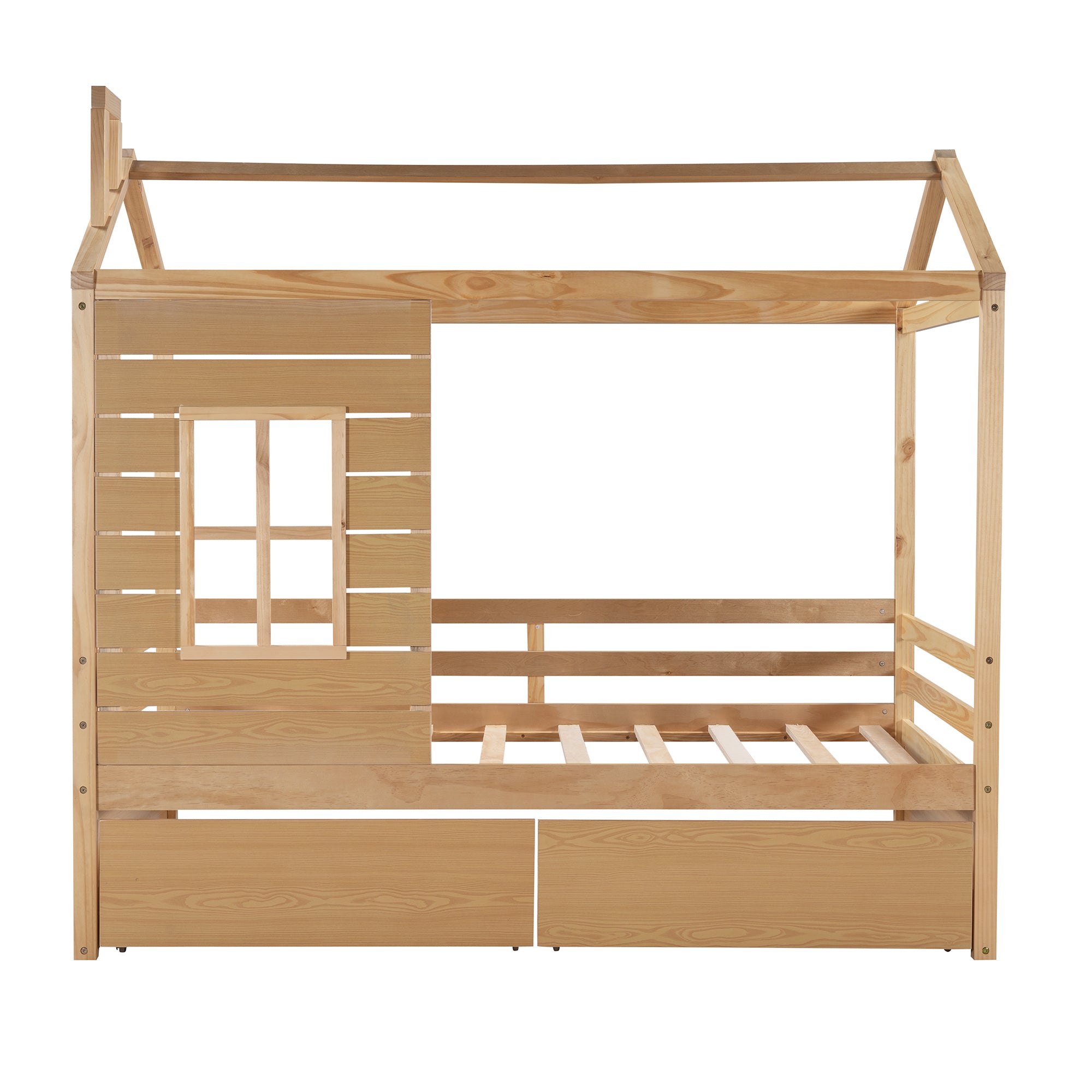 Twin Size House Bed Wood Bed with Two Drawers ( Natural )