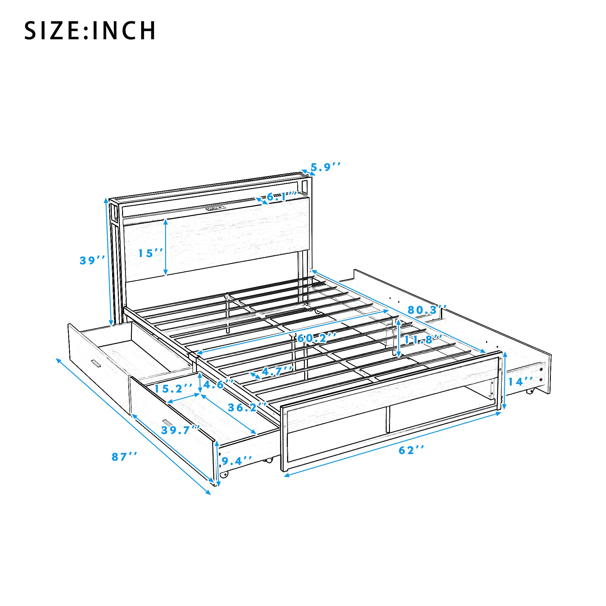 Queen Size Metal Platform Bed Frame with Four Drawers,Sockets and USB Ports ,Slat Support No Box Spring Needed White