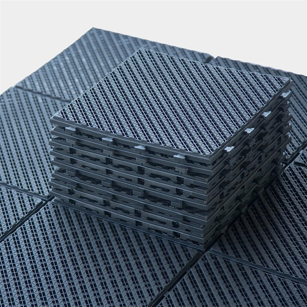 Patio Interlocking Deck Tiles, 12"x12" Square Composite Decking Tiles, Four Slat Plastic Outdoor Flooring Tile All Weather for Balcony Porch Backyard, (Dark Gray, Pack of 27)