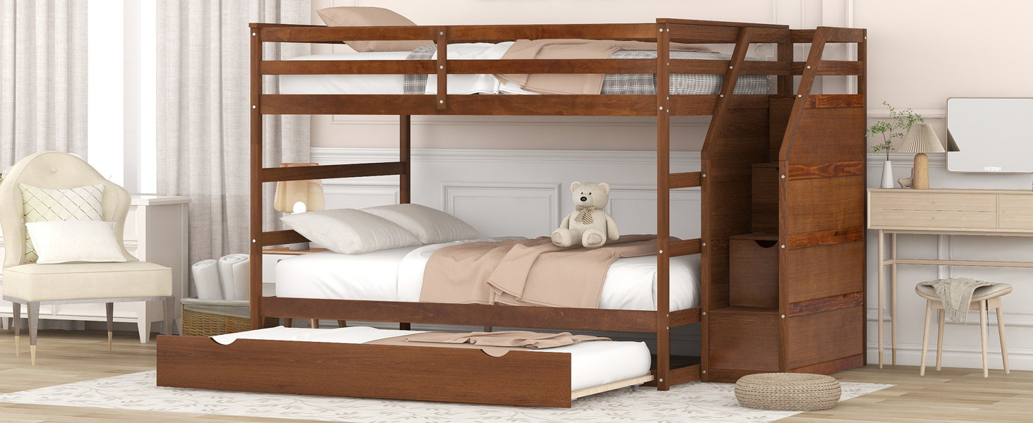 Full-over-Full Bunk Bed with Twin Size Trundle and 3 Storage Stairs,Walnut