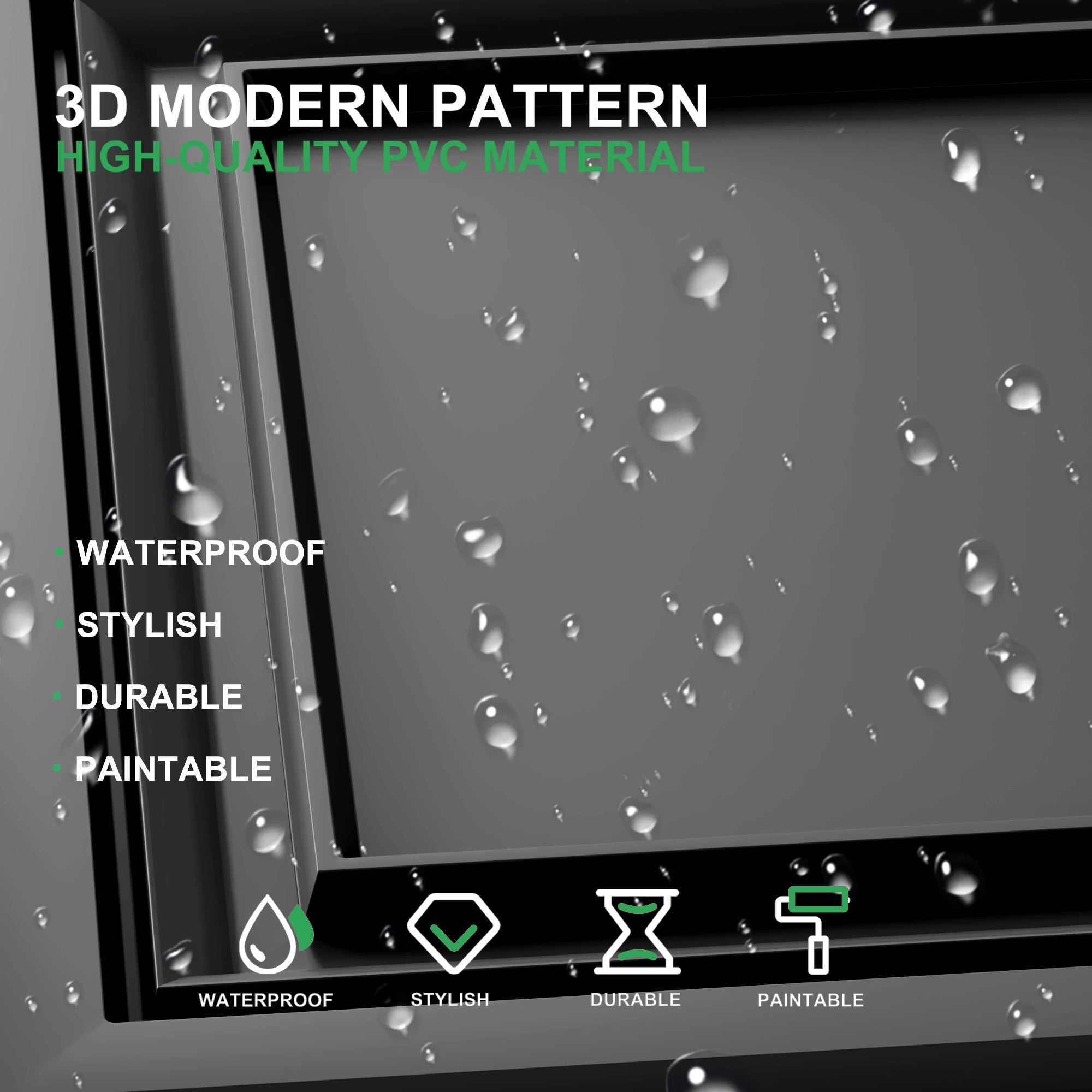 PVC Ceiling Tiles, 2x2 Feet Glue Up Plastic Sheet in Black, Suitable for Kitchen, Living Room, and Home Decorative Ceilings (12-Pack, 48 Sq.ft)