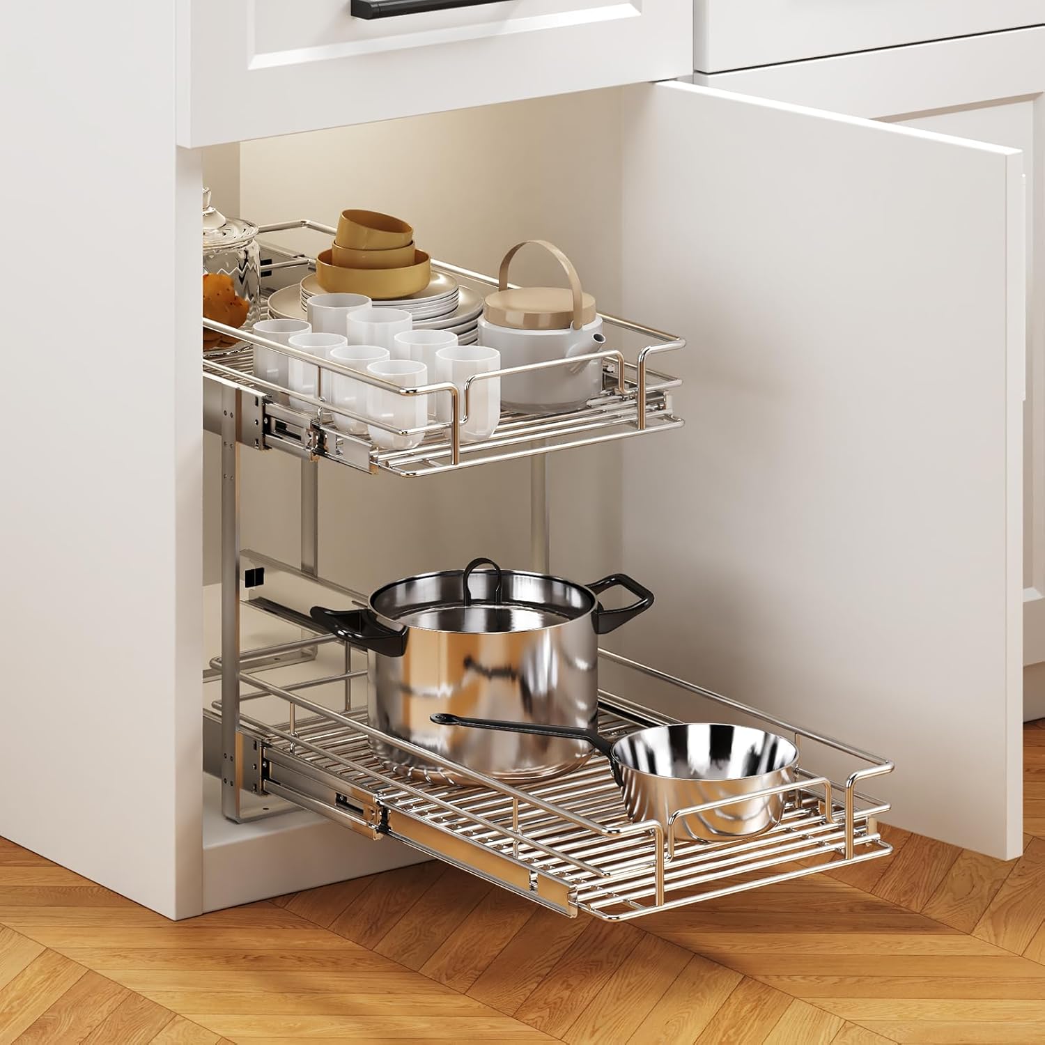 2 Tier Individual Pull Out Cabinet Organizer 13½" W x 21½" D, Heavy Duty Cabinet Pull Out Shelves