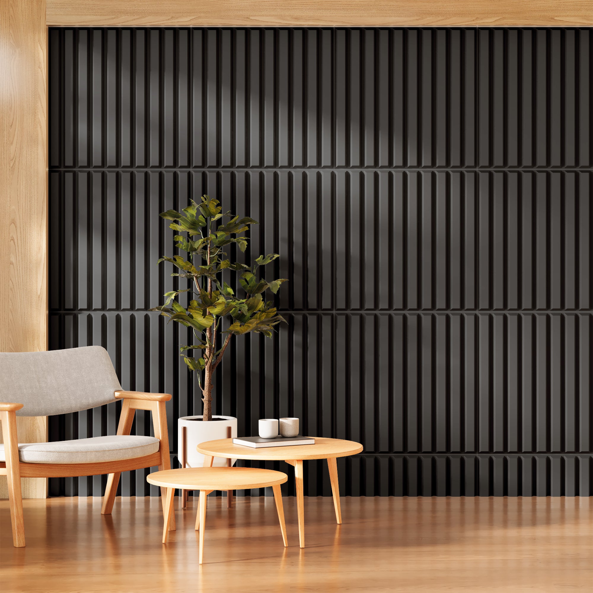 PVC Slat Wall Panel, 19.7 x 19.7in 3D Fluted Textured Panel Black, Suitable for Kitchen, Living Room, and Home 3D Wall Panels(12-Pack, 32 Sq.ft)