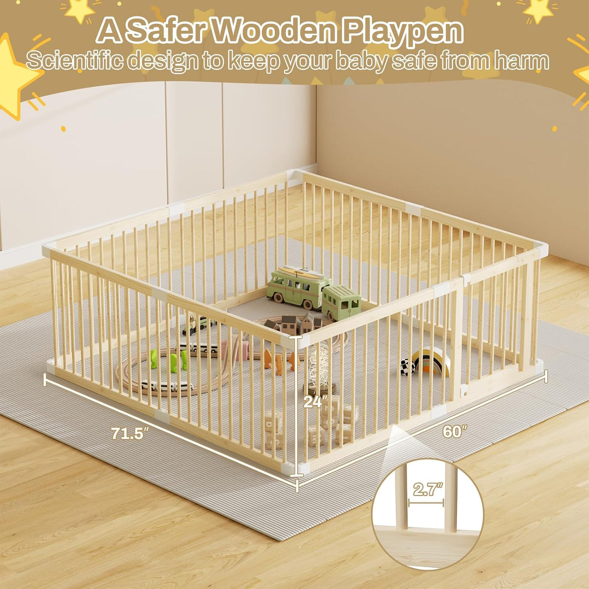 Large Wooden Baby Playpen, Adjustable Gate for Toddler and Babies