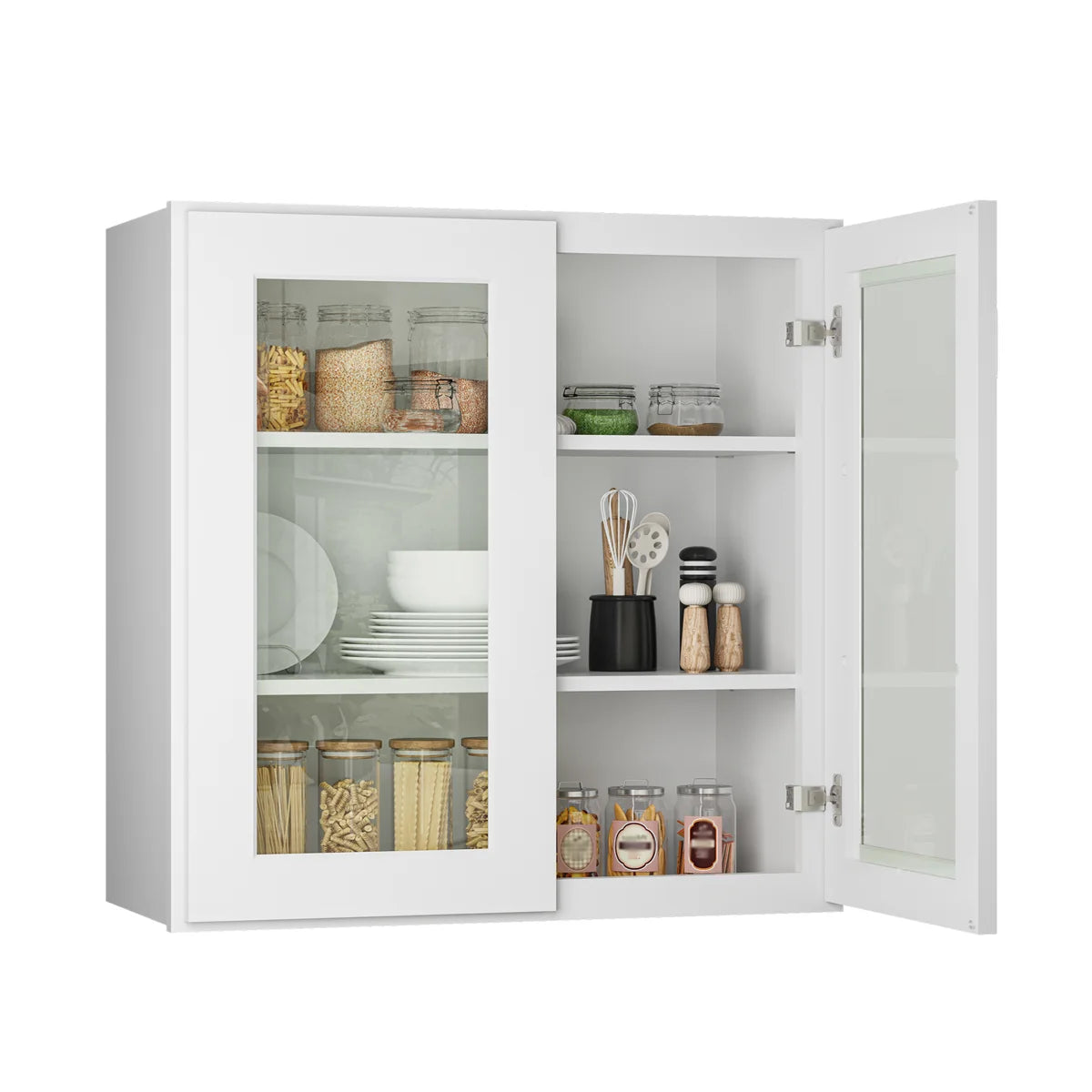 33"W * 30"H * 12"D Shaker White Glass Wall Kitchen Cabinet with Adjustable Shelves