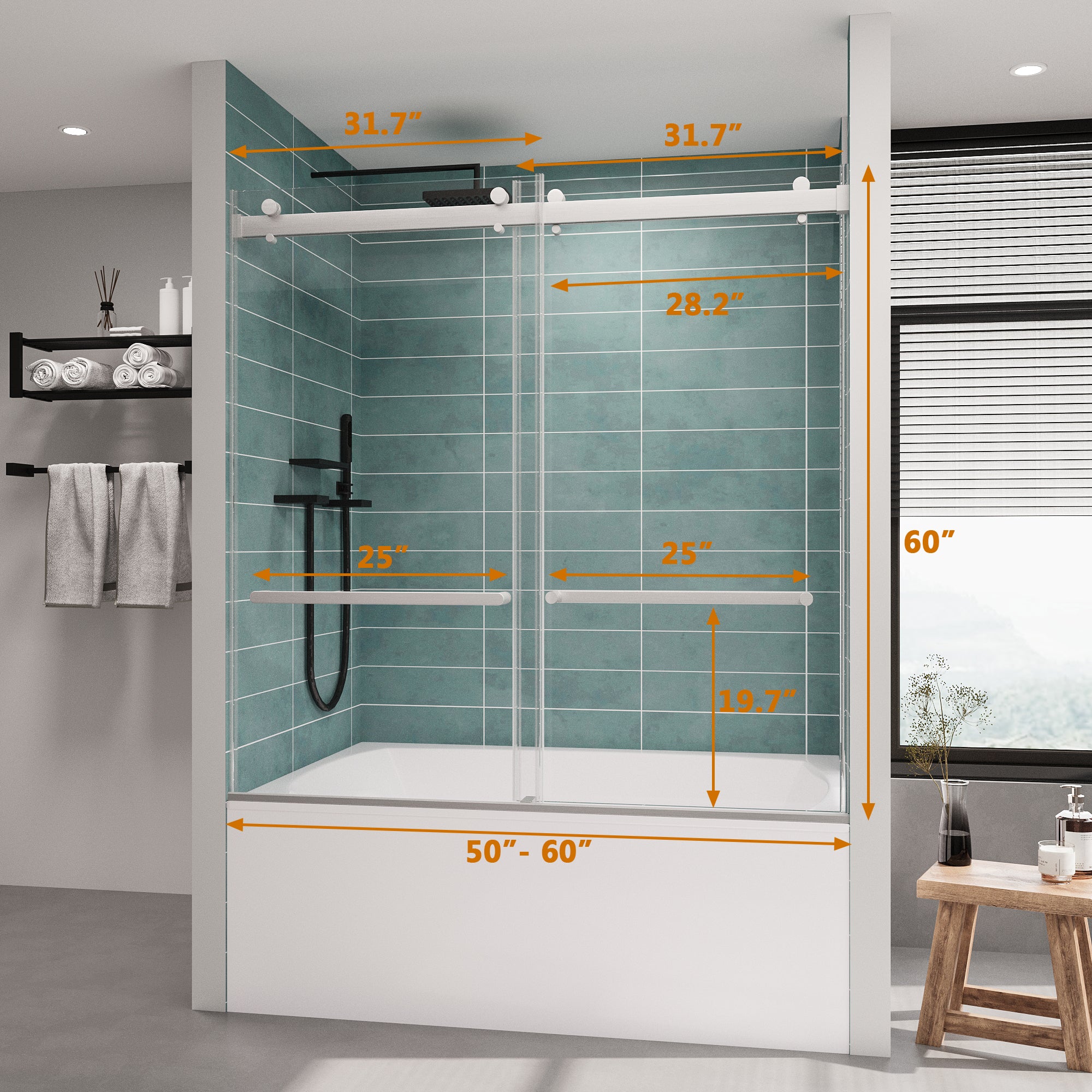 Frameless Bathtub Shower Doors 56-60 W x 60 H