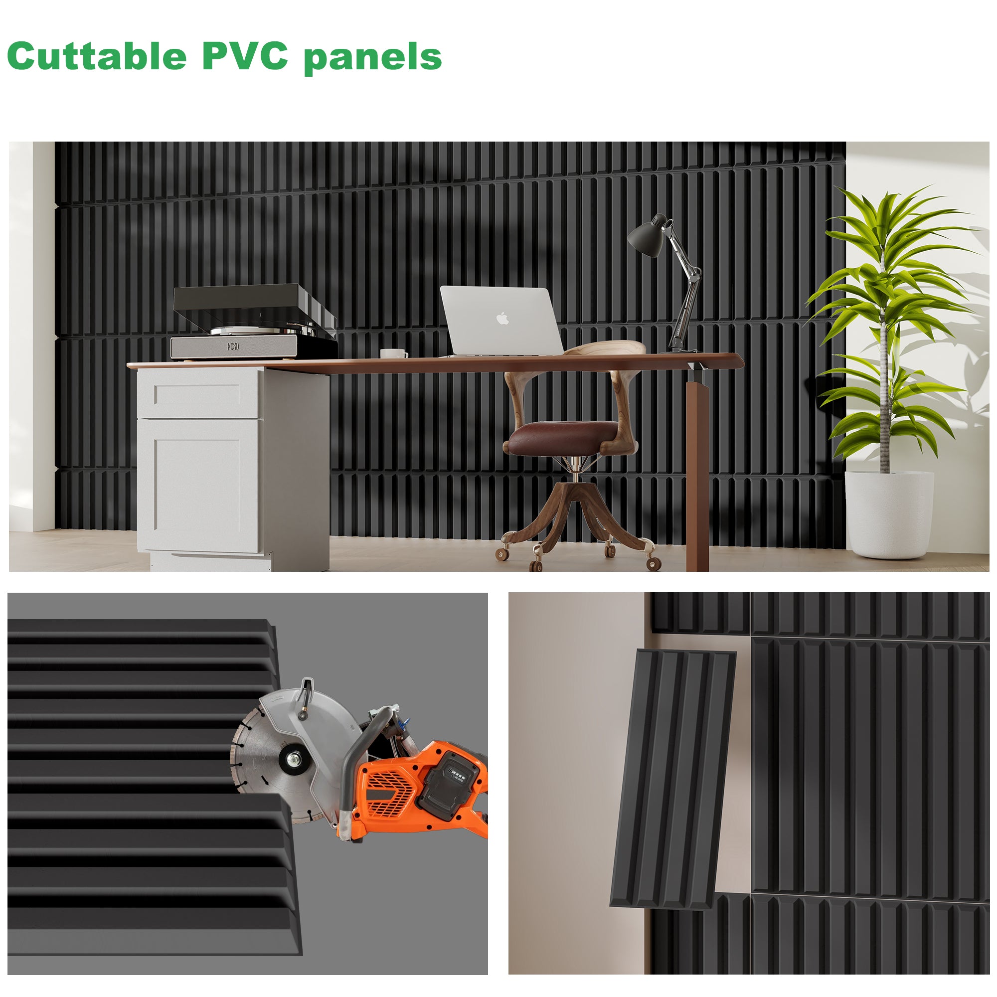 PVC Slat Wall Panel, 19.7 x 19.7in 3D Fluted Textured Panel Black, Suitable for Kitchen, Living Room, and Home 3D Wall Panels(12-Pack, 32 Sq.ft)