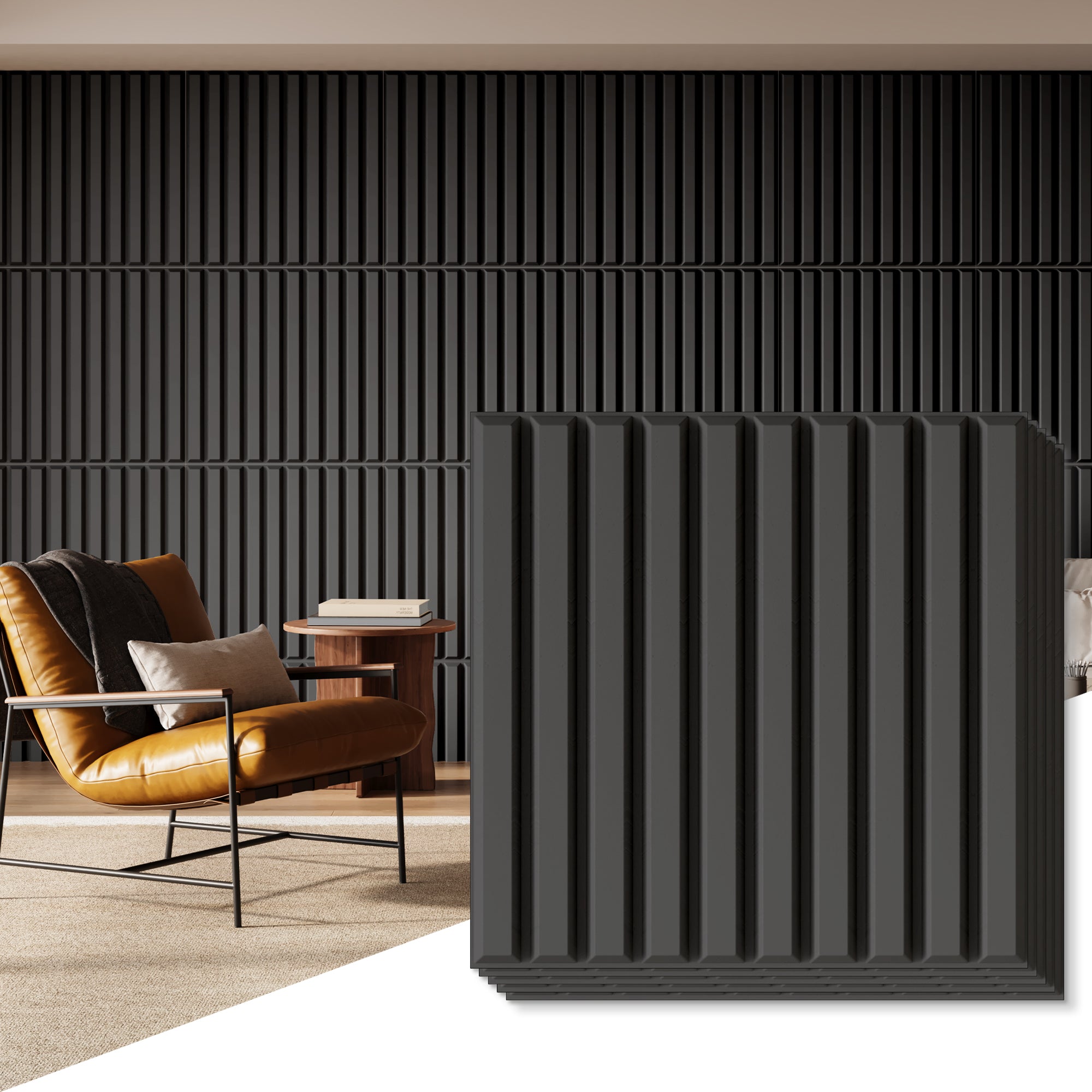 PVC Slat Wall Panel, 19.7 x 19.7in 3D Fluted Textured Panel Black, Suitable for Kitchen, Living Room, and Home 3D Wall Panels(12-Pack, 32 Sq.ft)