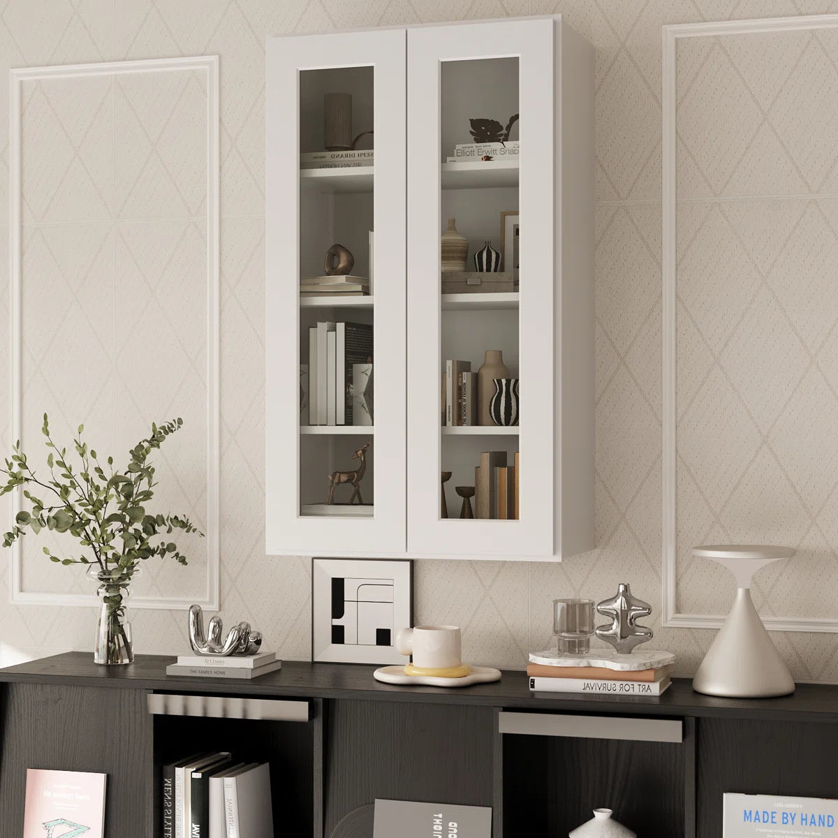 24"W * 42"H * 12"D Shaker White Glass Wall Kitchen Cabinet with Adjustable Shelves
