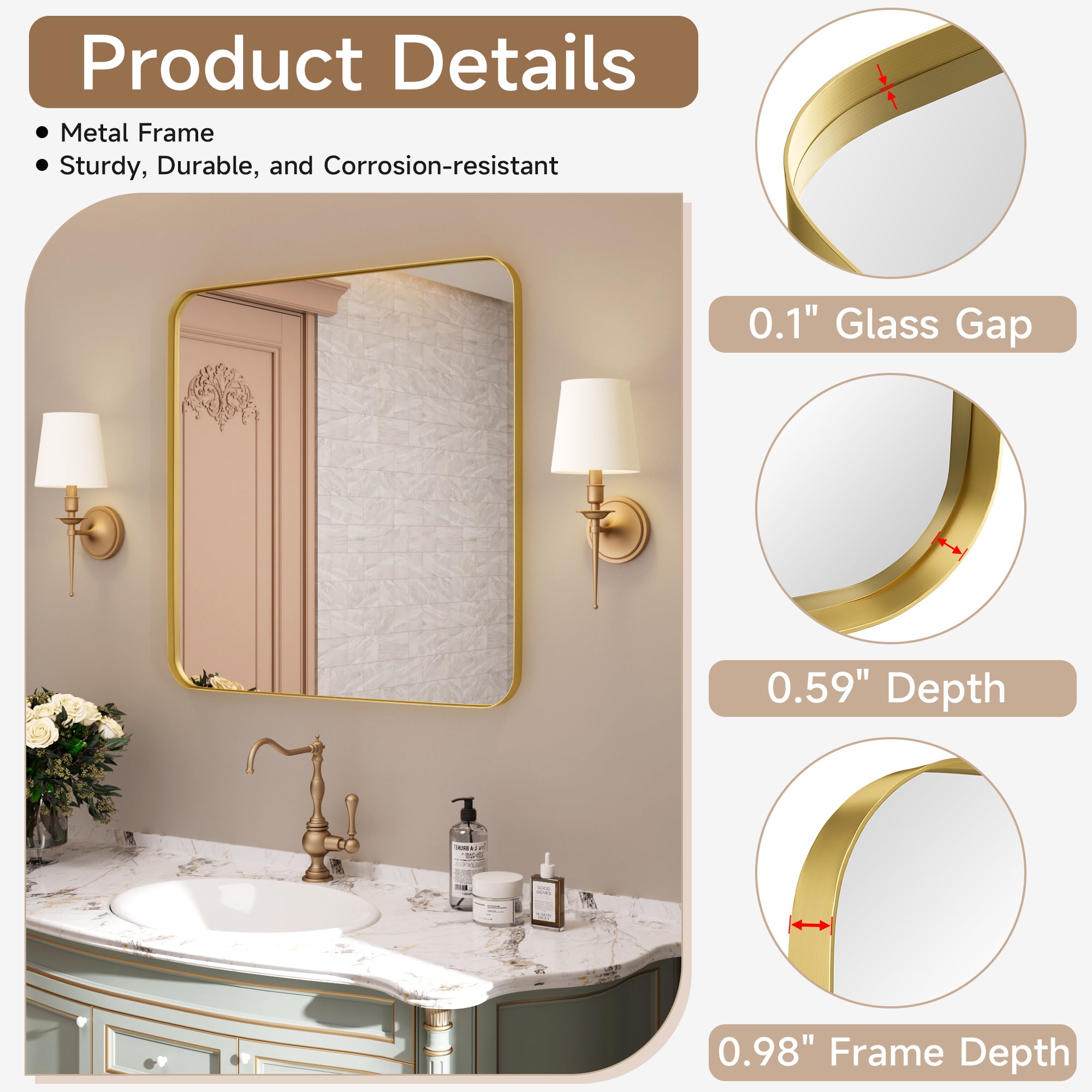24 in. W x 36 in. H Tempered Glass Rectangular Framed Wall-Mounted Bathroom Vanity Mirror in Gold