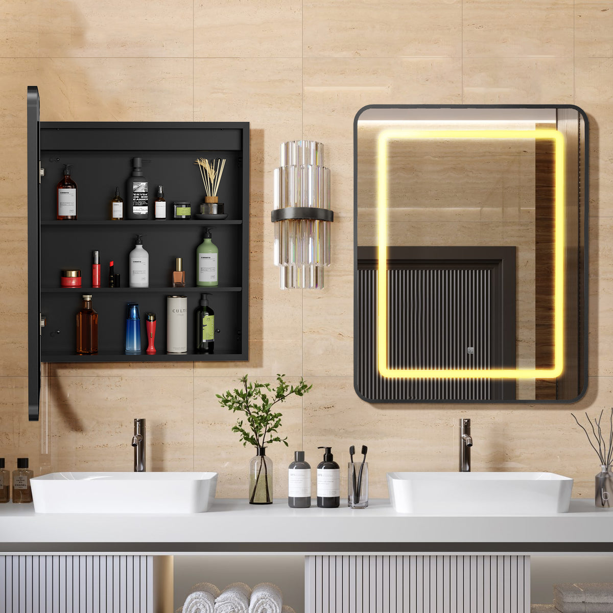16 x 24 Inch Black Bathroom Medicine Cabinet with Mirror
