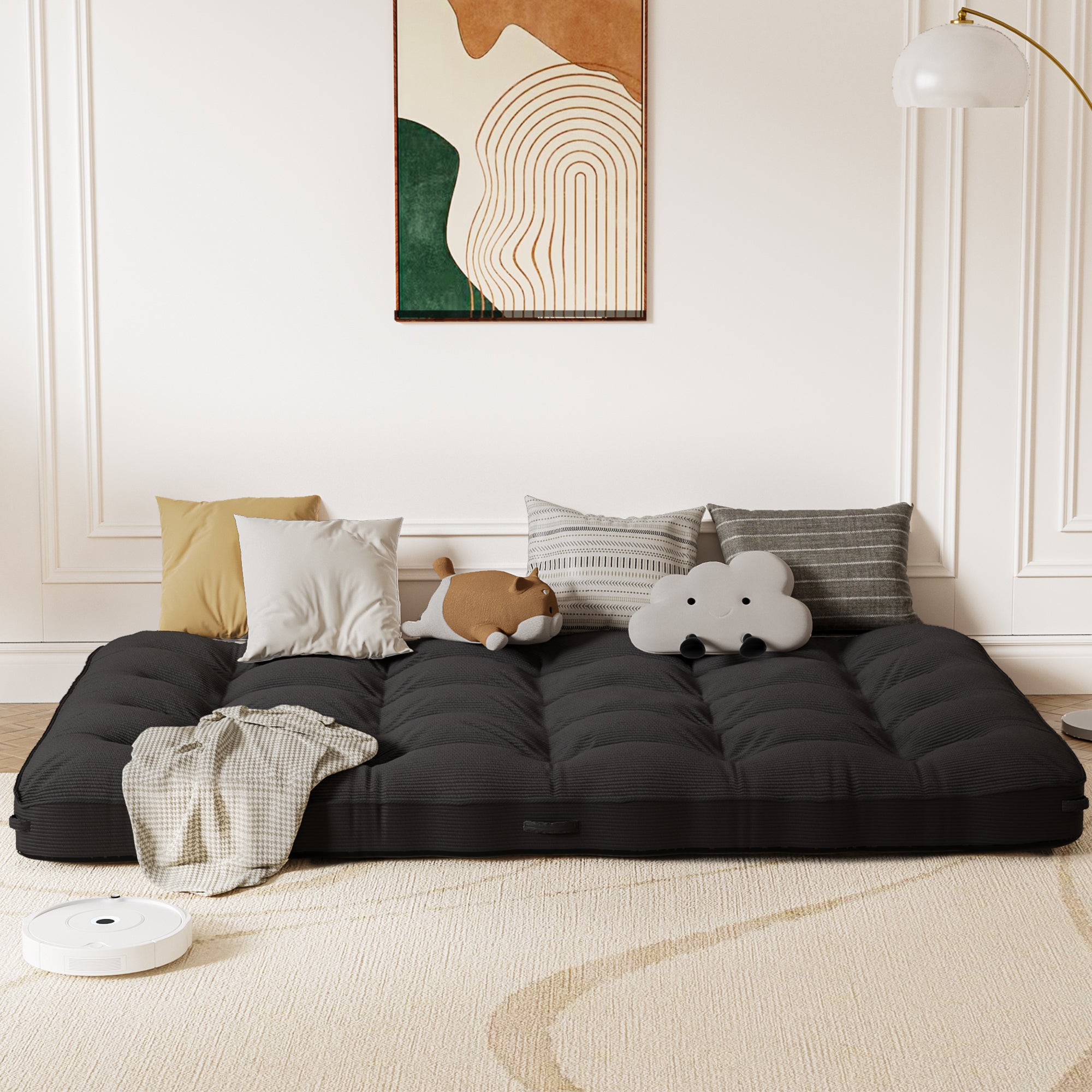 Black Full Size Floor Mattress Futon Mattress Sleeping Pad Foldable Roll Up Mat, Sofa Couch Bed
