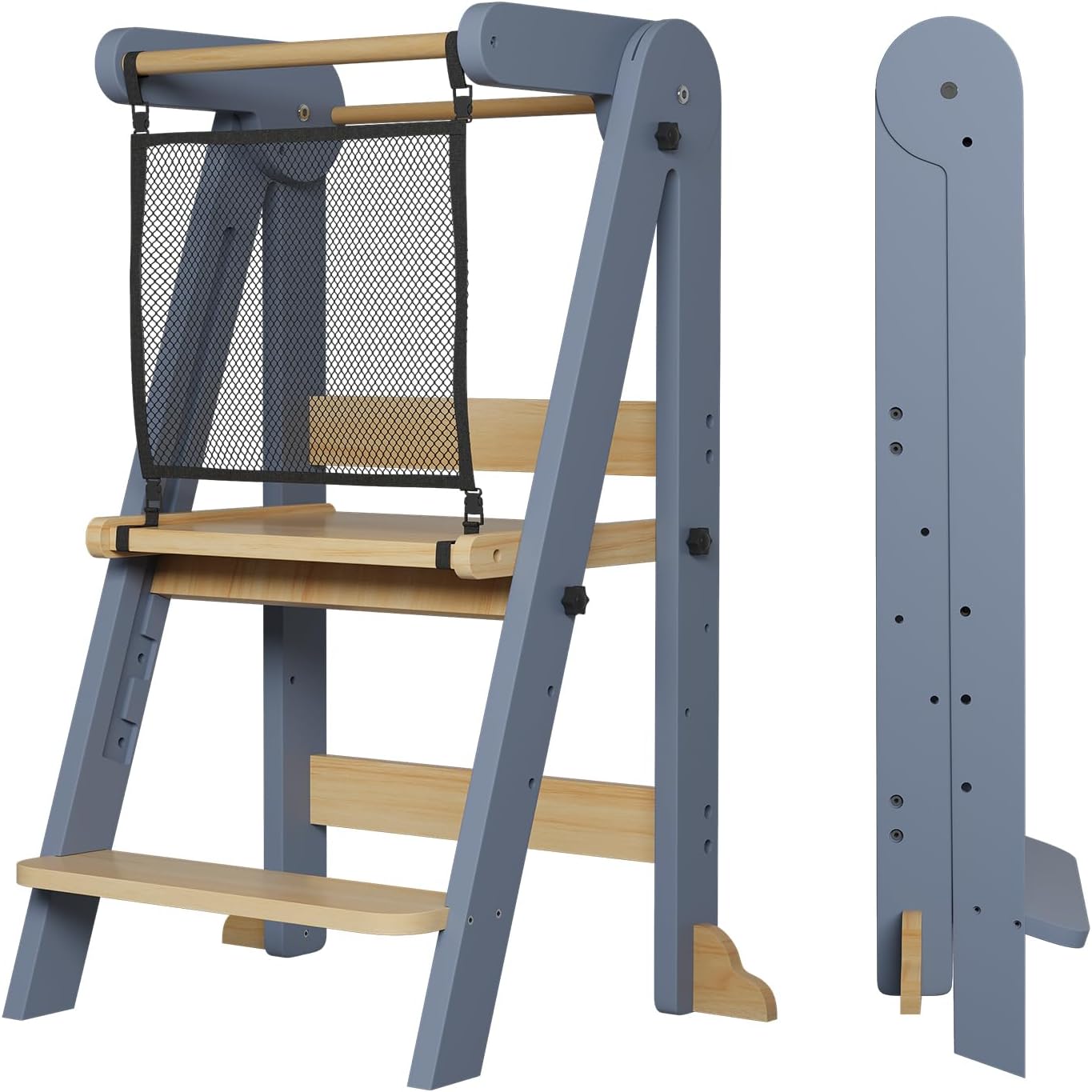 Foldable Toddler Kitchen Tower, 3 Adjustable Height Wooden Step Stool, Toddler Standing Tower with Safety Net