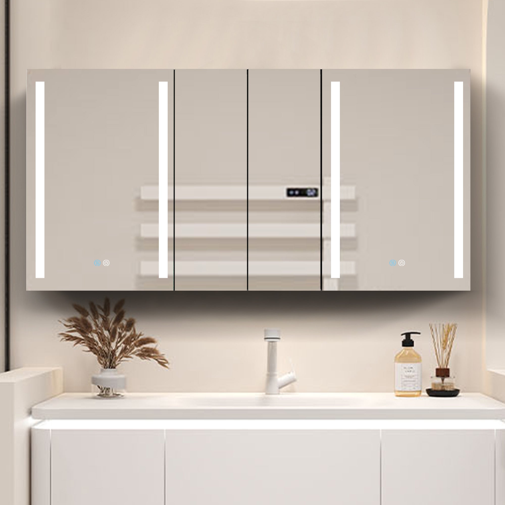 60x30 Inch LED Bathroom Medicine Cabinet Surface Mount Double Door Lighted Medicine Cabinet, Medicine Cabinets for Bathroom with Mirror Defogging, Dimmer White