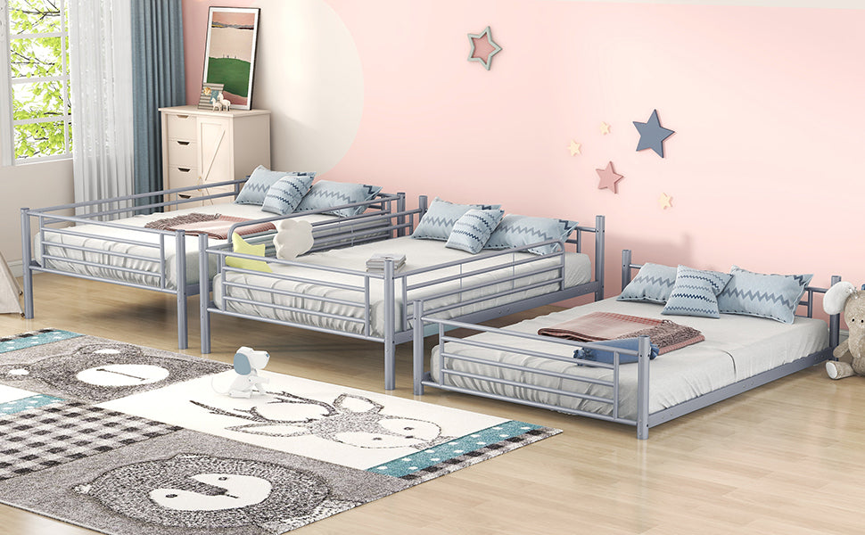 Full-Full-Full Metal Triple Bed with Built-in Ladder, Divided into Three Separate Beds,Gray(OLD SKU:LP000297AAE)