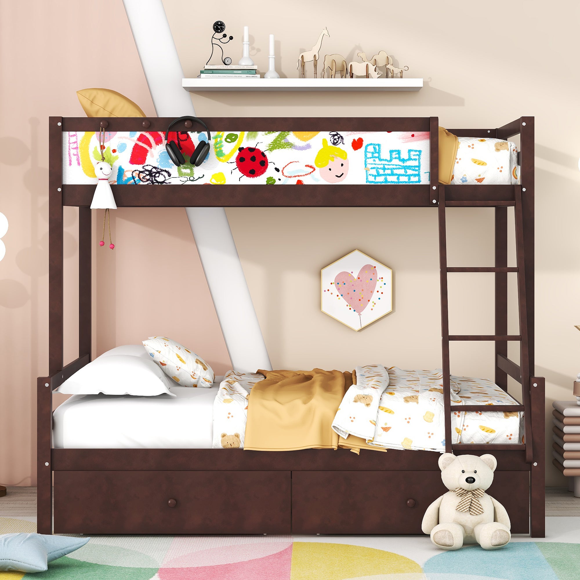 Wood Twin over Full Bunk Bed with Whiteboard, 3 Hooks and 2 Drawers, Espresso
