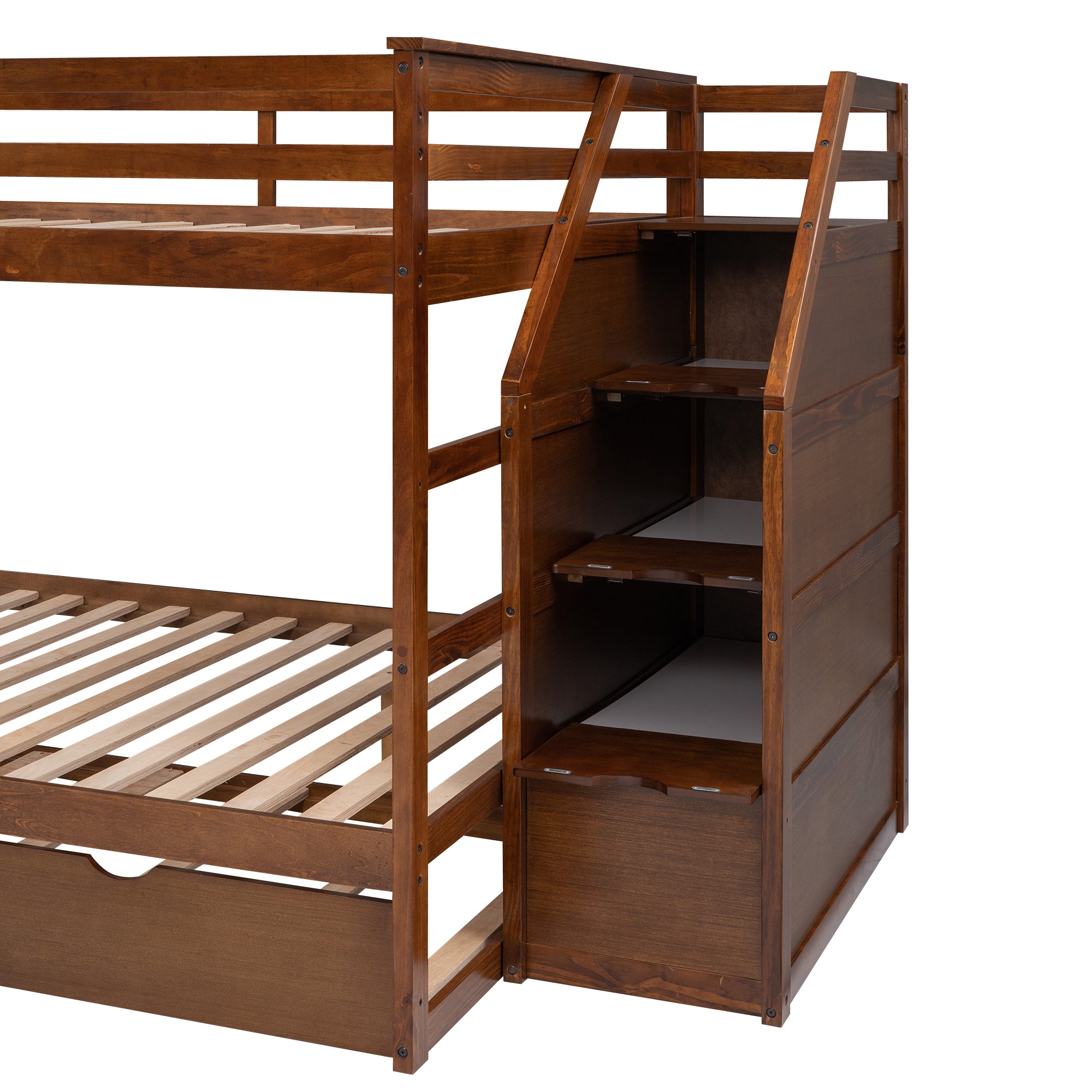 Full-over-Full Bunk Bed with Twin Size Trundle and 3 Storage Stairs,Walnut