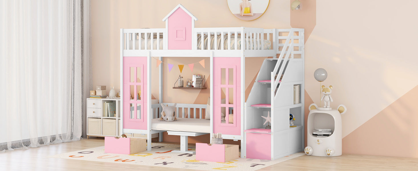 Twin-Over-Twin Bunk Bed with Changeable Table , Bunk Bed Turn into Upper Bed and Down Desk with 2 Drawers - Pink