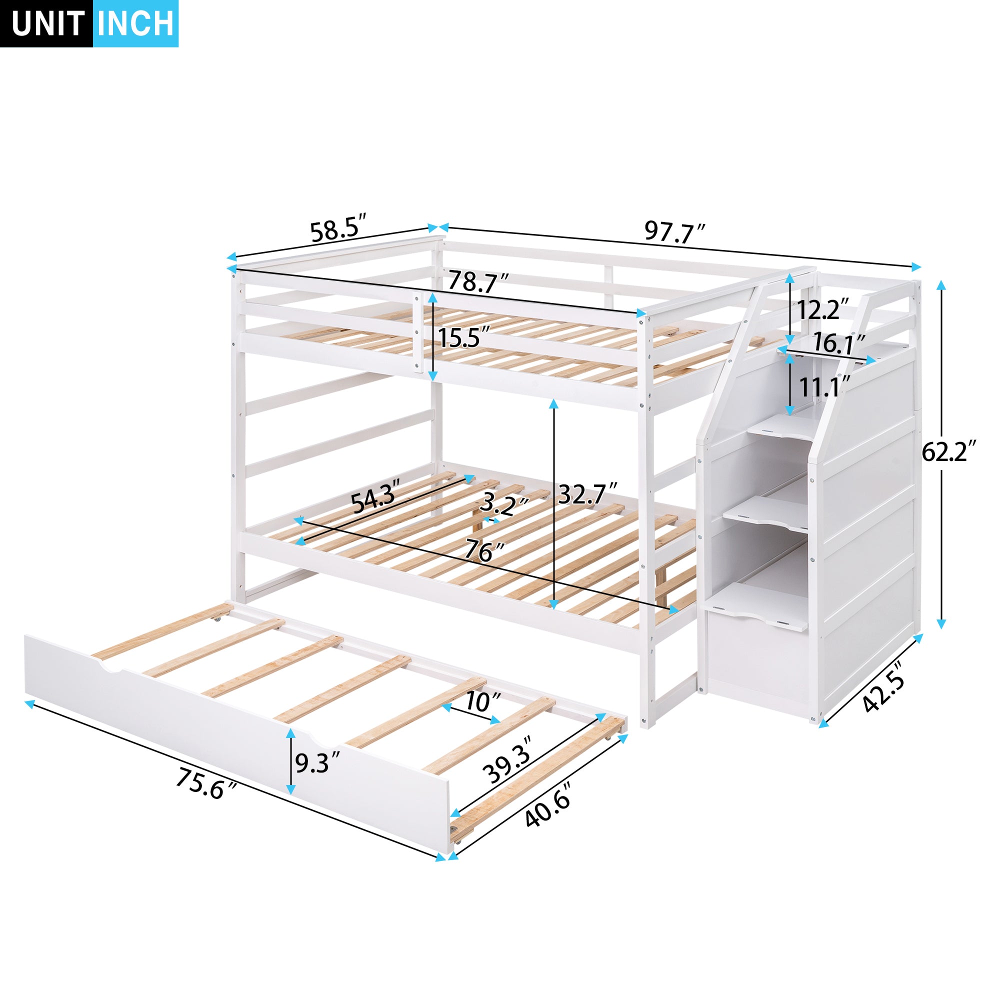 Full-over-Full Bunk Bed with Twin Size Trundle and 3 Storage Stairs,White