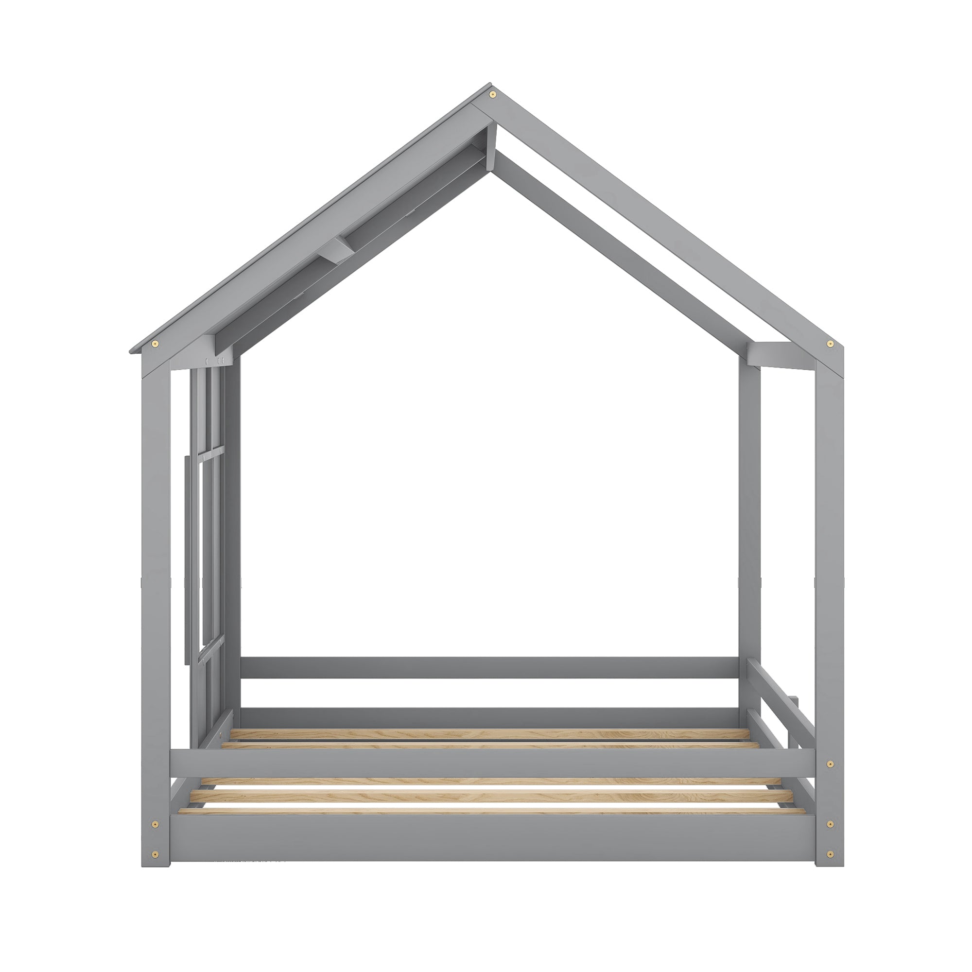 Full Size House Bed with Roof and Window - Gray