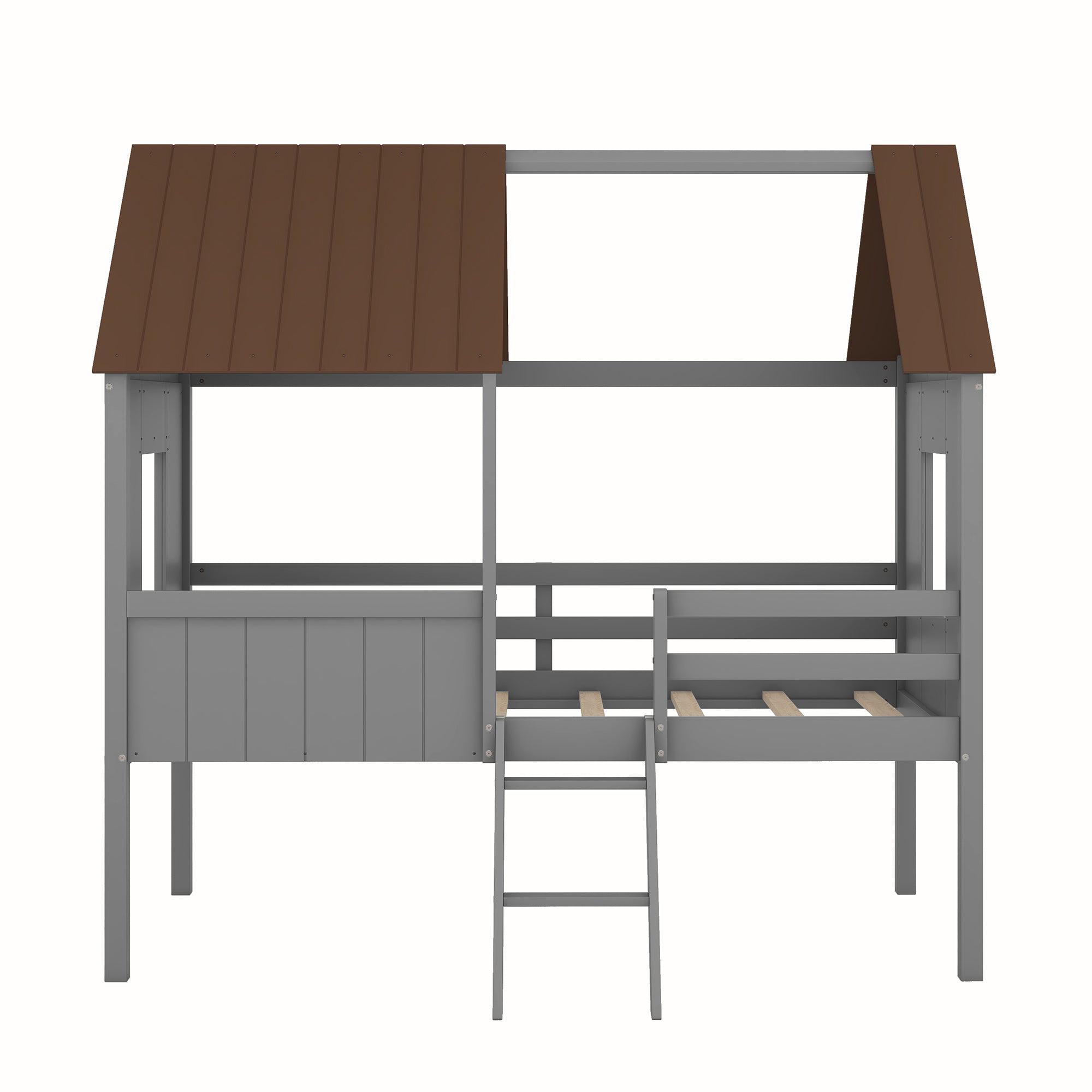Twin Size Low Loft Wood House Bed with Two Side Windows (Gray +Brown)(OLD SKU: LP000037AAL)