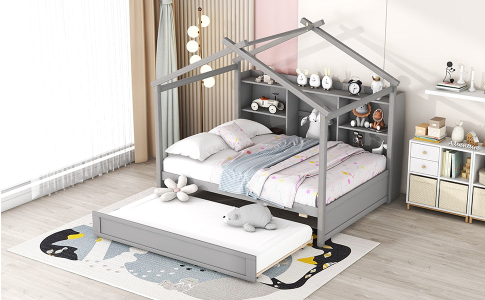 Full Size House Bed with Storage Shelves and Twin Size Trundle, Brushed Gray