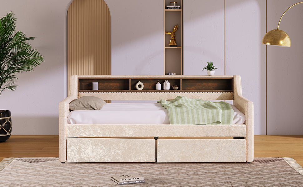 Twin Size Snowflake Velvet Daybed with Two Storage Drawers and Built-in Storage Shelves,Beige