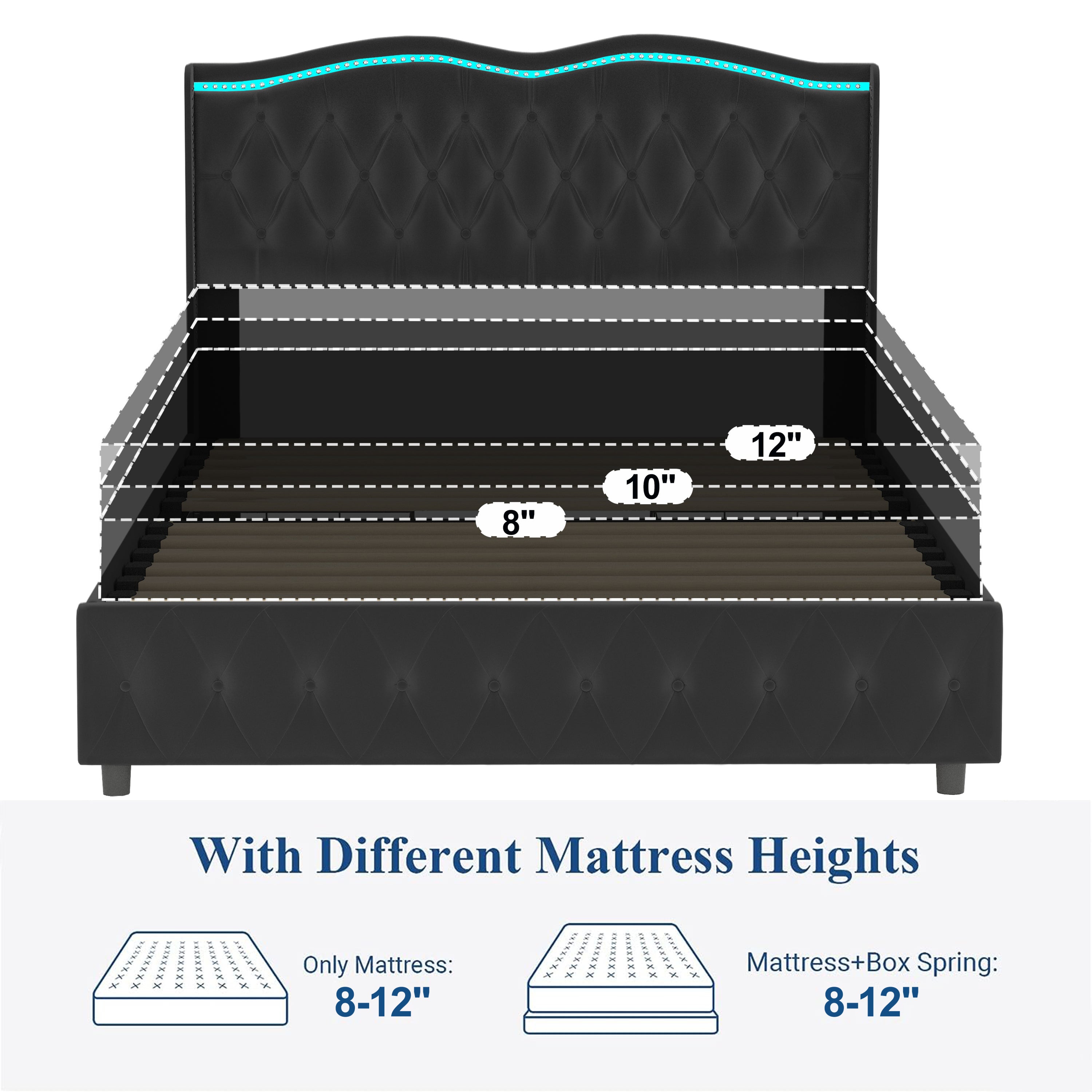 Queen Platform Bed Frame , Velvet Upholstered Bed with Deep Tufted Buttons and Nailhead Trim, Adjustable Colorful LED Light Decorative Headboard, Bed Sides with Pull-Out Storage 4 Drawers, Black