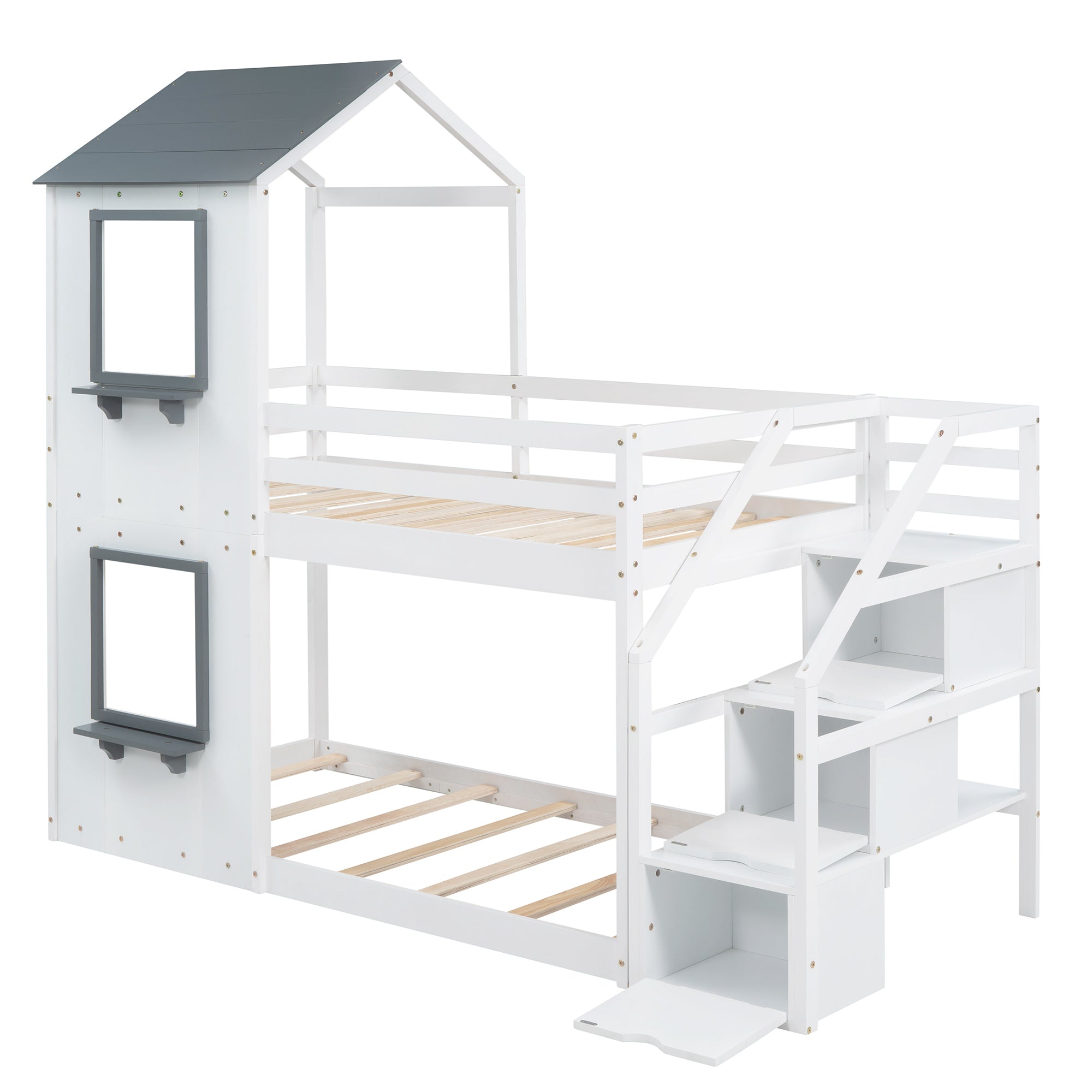 Twin Over Twin Bunk Bed with Storage Stairs,Wood Bed with Roof, Window, Guardrail, Ladder, White