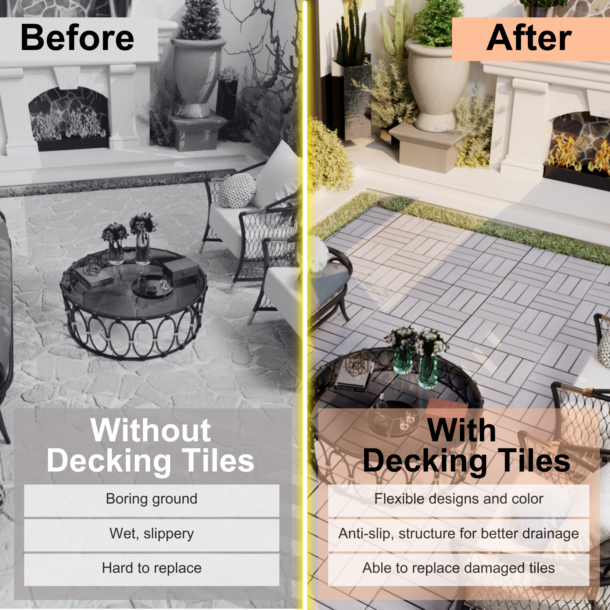 30 PCS Interlocking Deck Tiles Checker Pattern, 12" x 12" Square Light Gray Acacia Hardwood Outdoor Flooring for Patio, Bancony, Pool Side,...