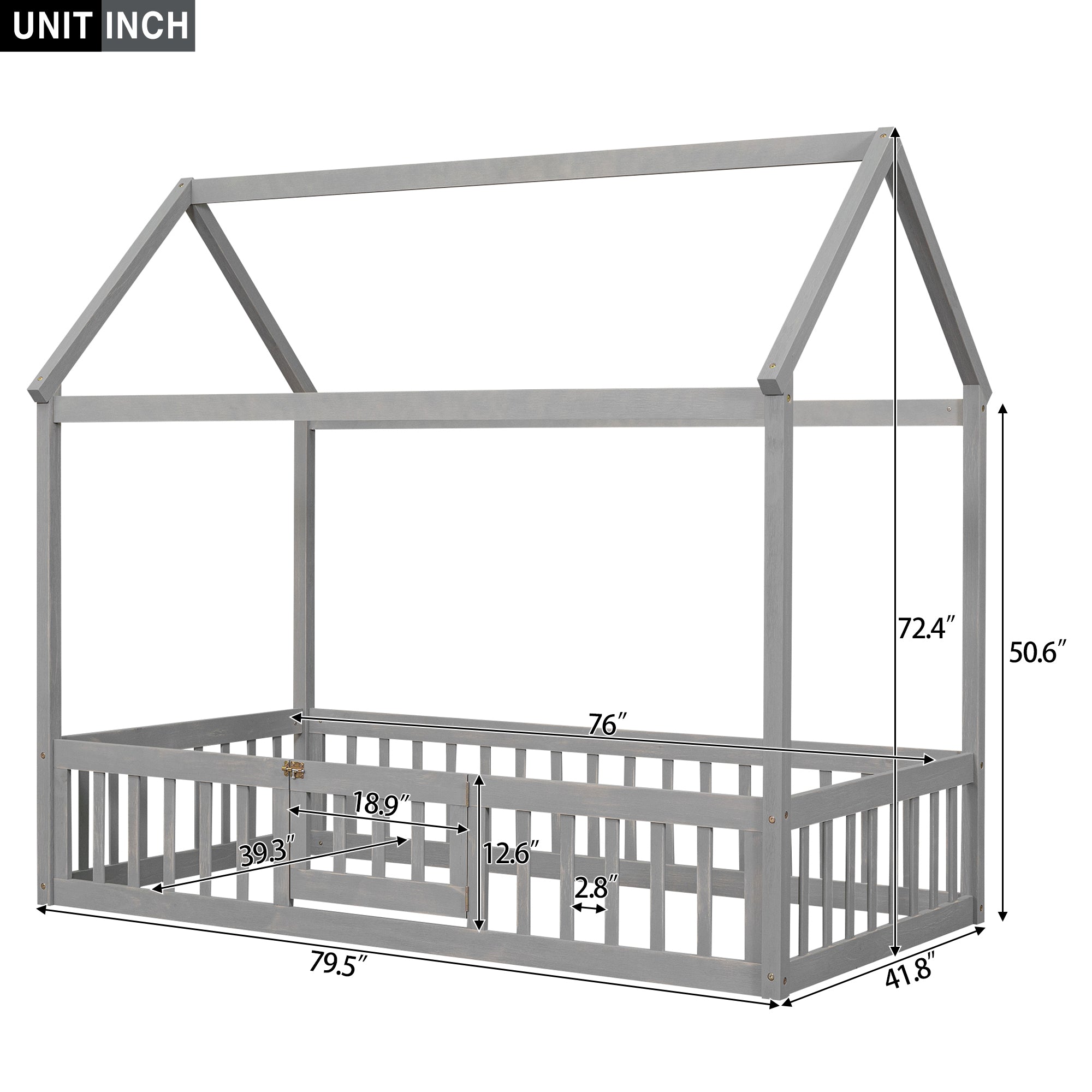 Twin Size Wood House Bed with Fence and Door, Gray Wash