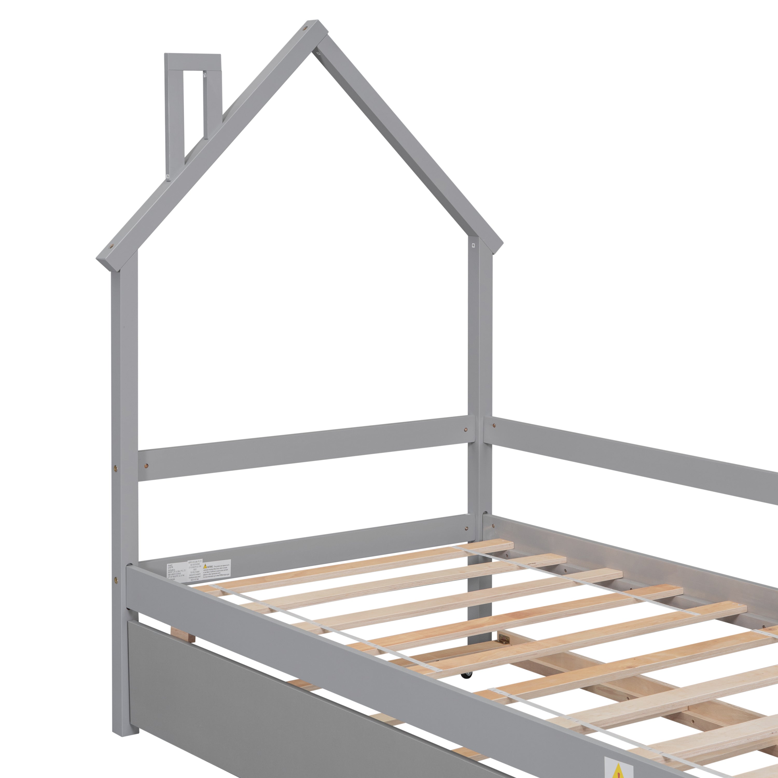 Twin Wooden Daybed with trundle, Twin House-Shaped Headboard bed with Guardrails,Grey
