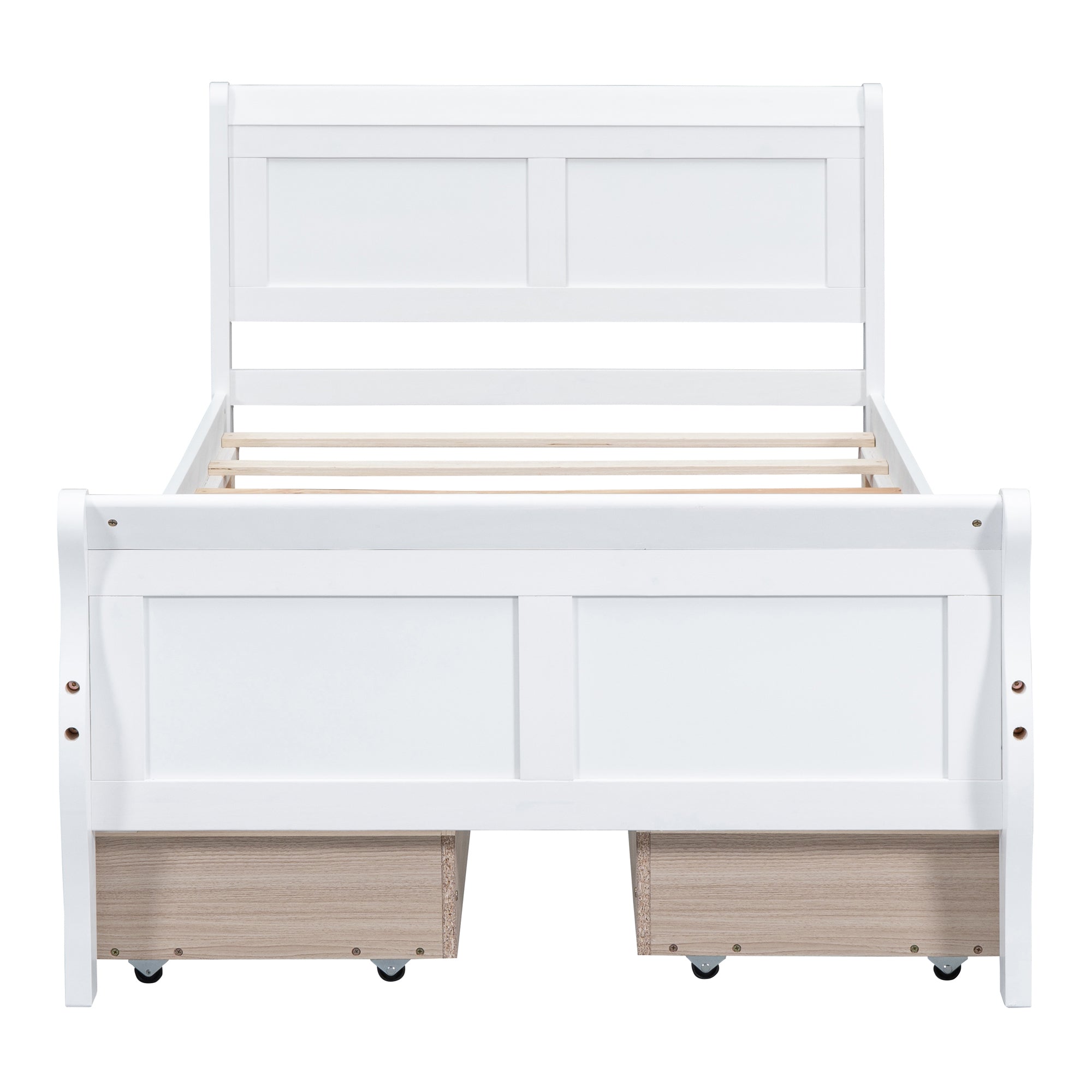 Twin Size Wood Platform Bed with 4 Drawers and Streamlined Headboard & Footboard, White