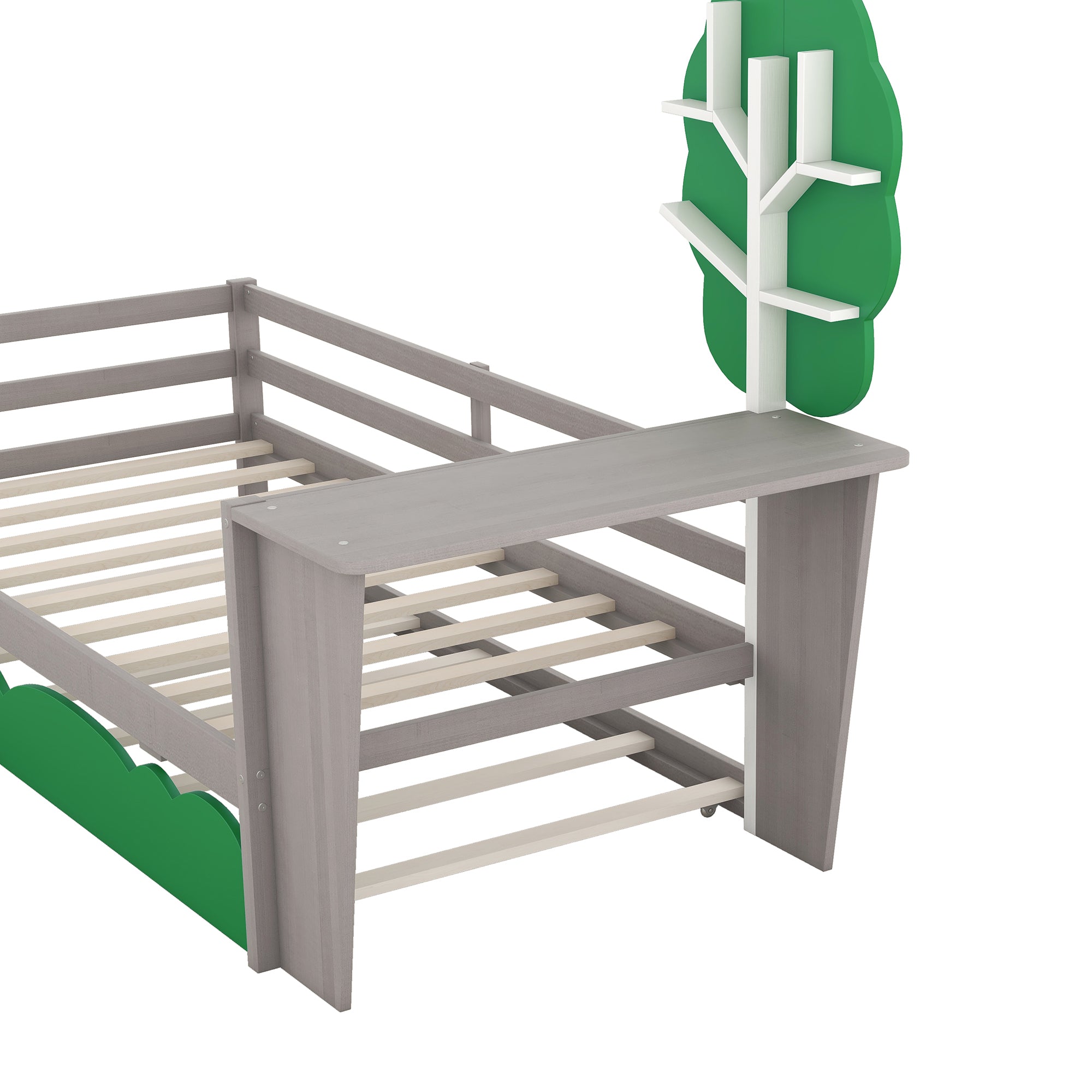 Twin Size Daybed with Desk, Green Tree Shape Shelves and Trundle, Gray