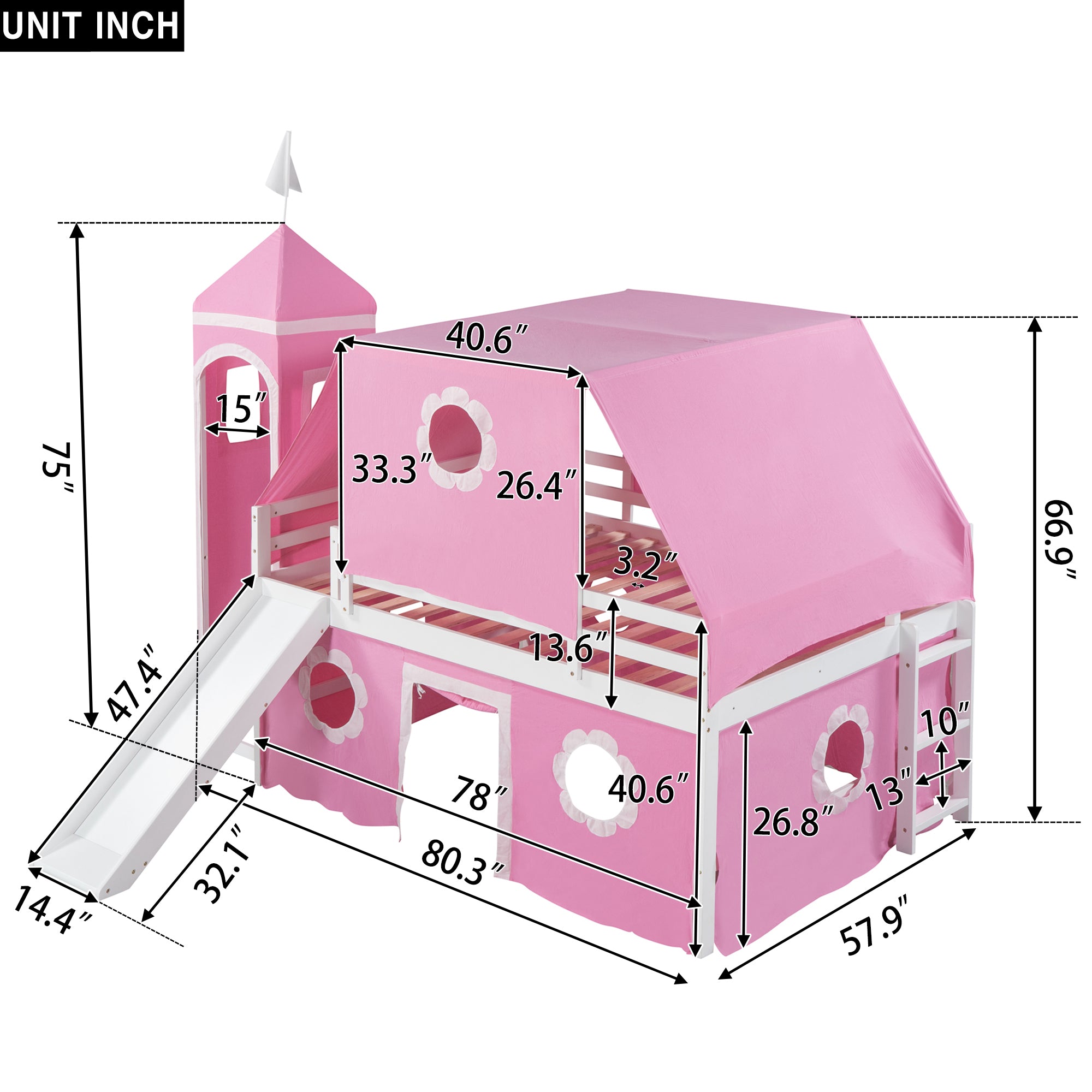 Full Size Bunk Bed with Slide Pink Tent and Tower - Pink
