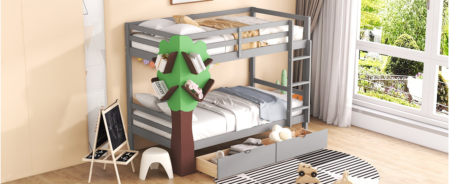 Twin-Over-Twin Bunk Bed with a Tree Decor and Two Storage Drawers, Gray