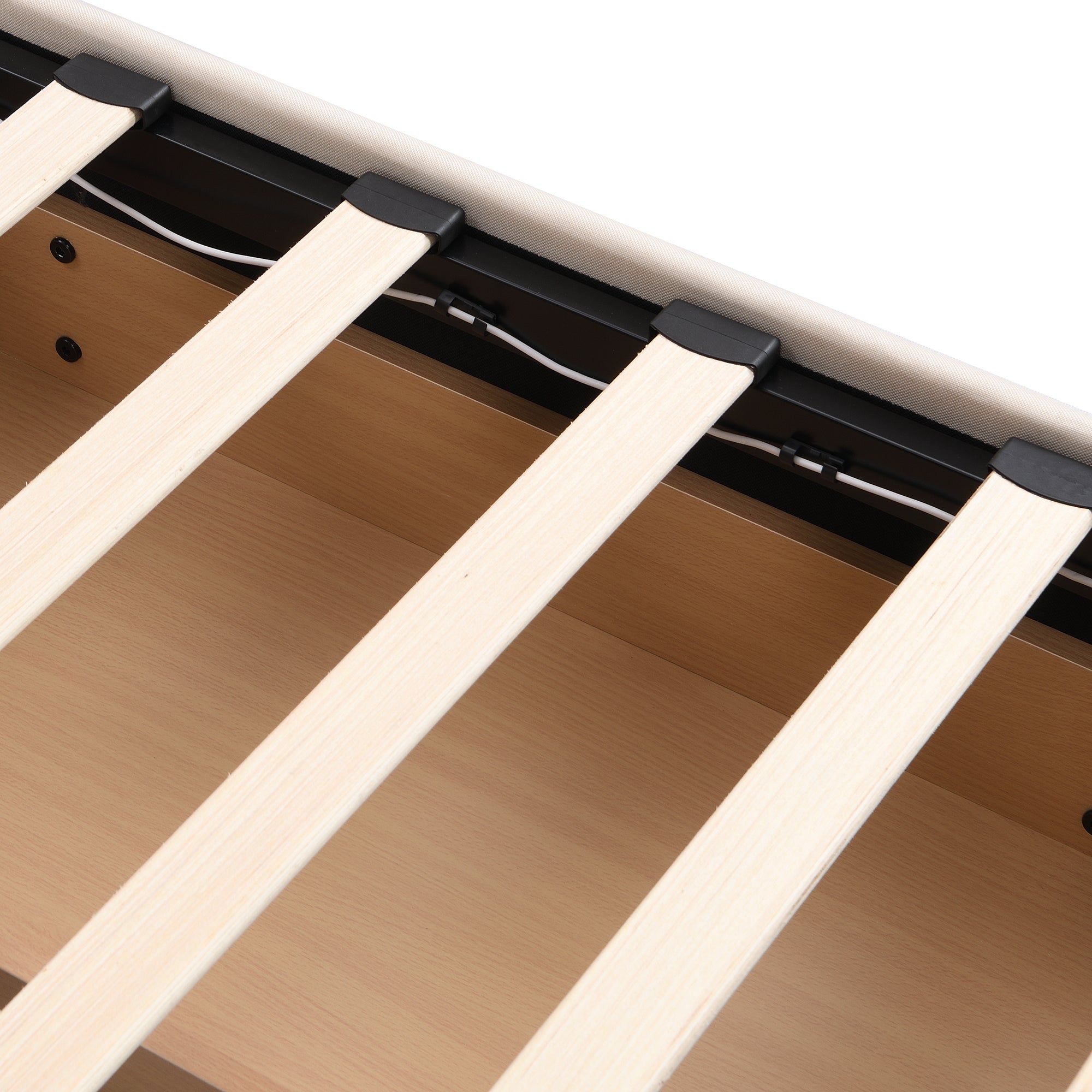 Queen Size Upholstered Bed with LED Light and 4 Drawers, Modern Platform Bed with a set of Sockets and USB Ports, Linen Fabric, Beige