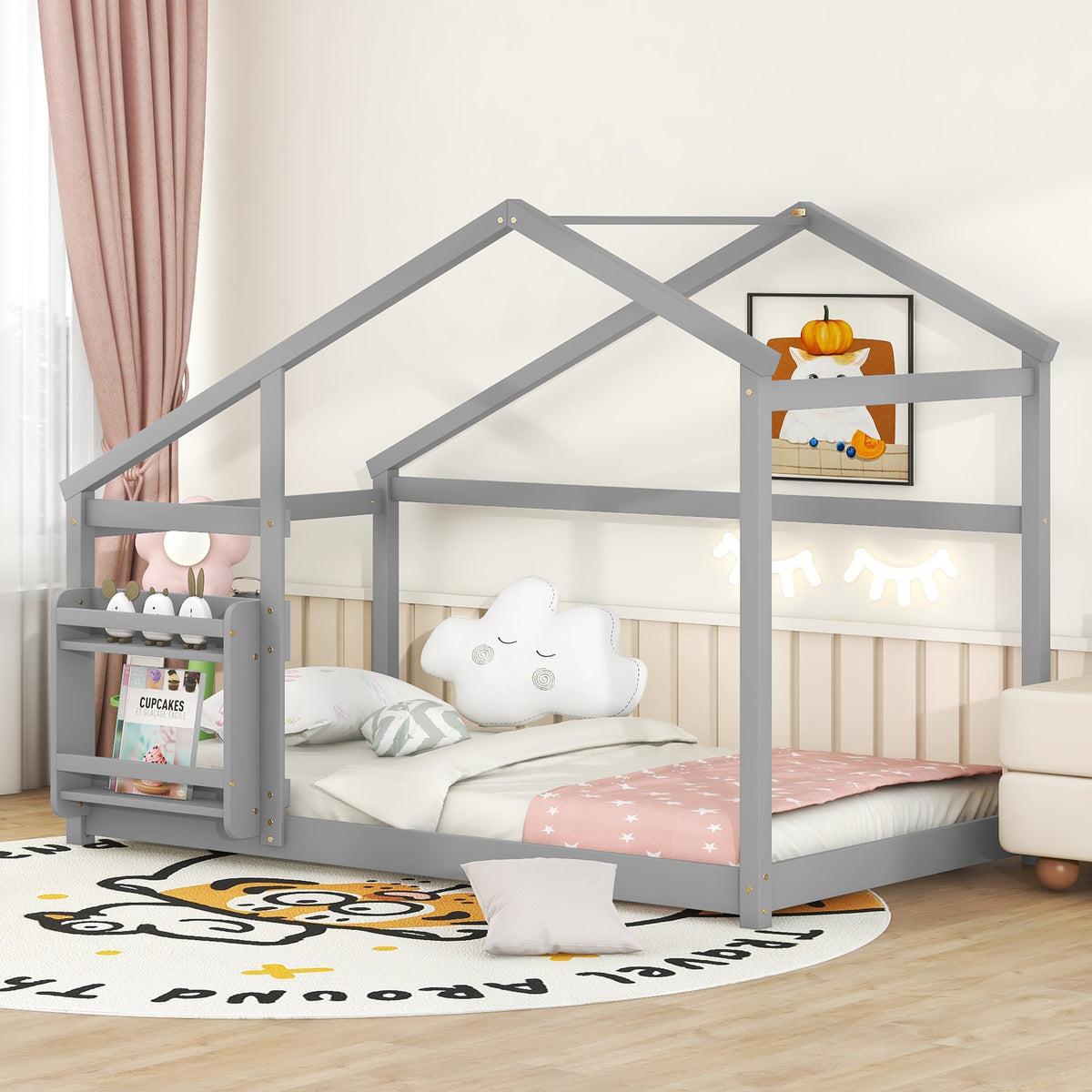 Twin Size Wooden House Bed, Twin Floor Wooden Bed with Shelf, No Box Spring Needed, Gray Color, Twin bed