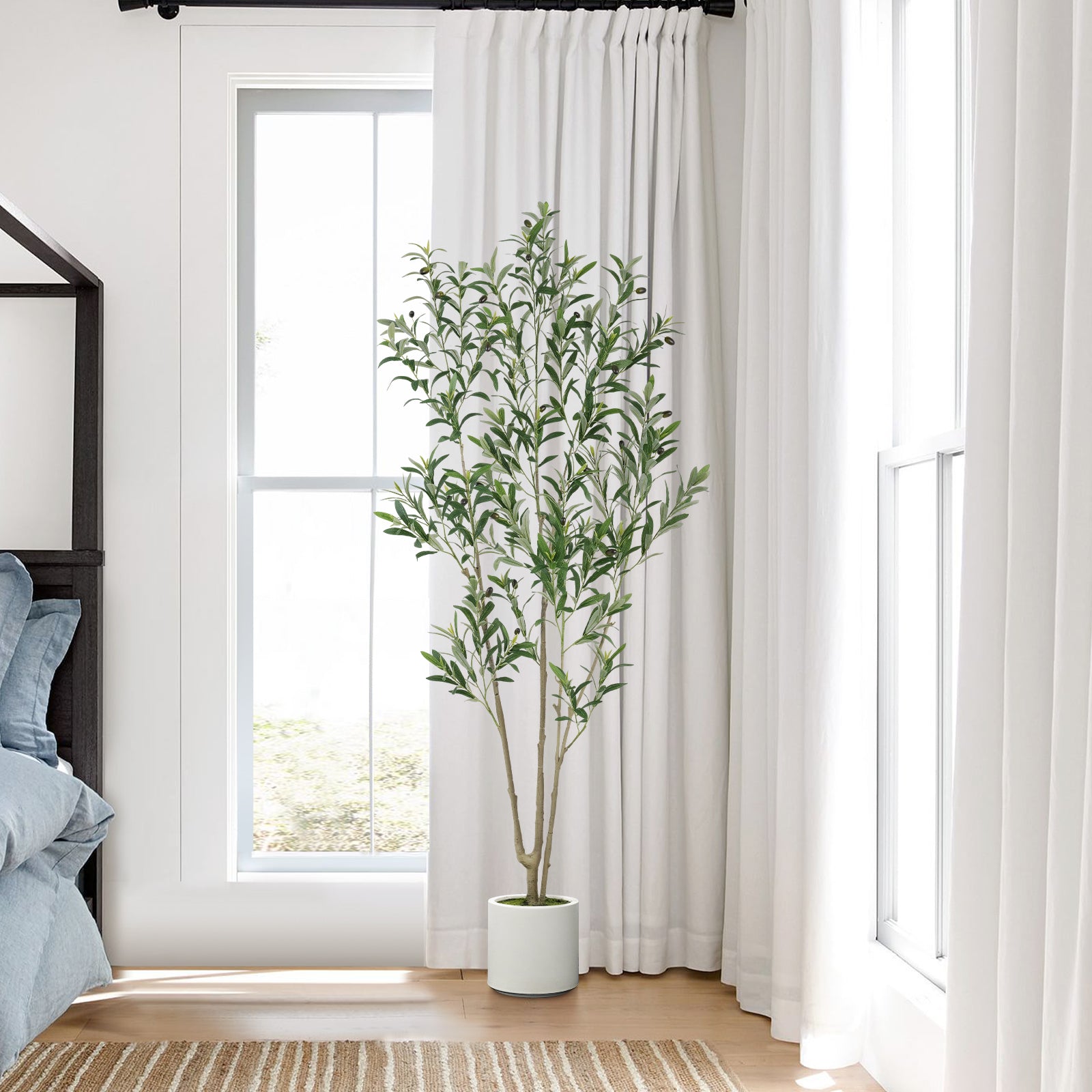 Artificial Olive Tree 6ft, Faux Olive Tree with White Planter and Fake Moss