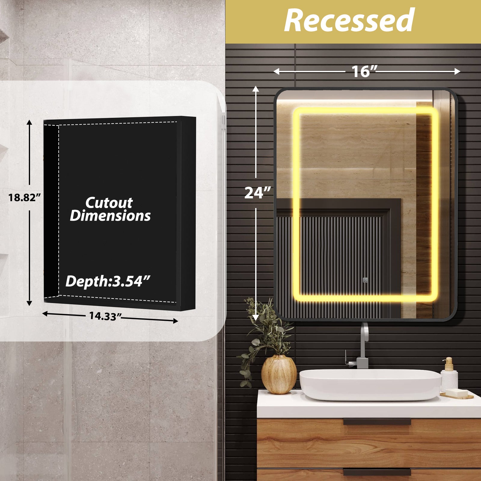 16 x 24 Inch Black Bathroom Medicine Cabinet with Mirror