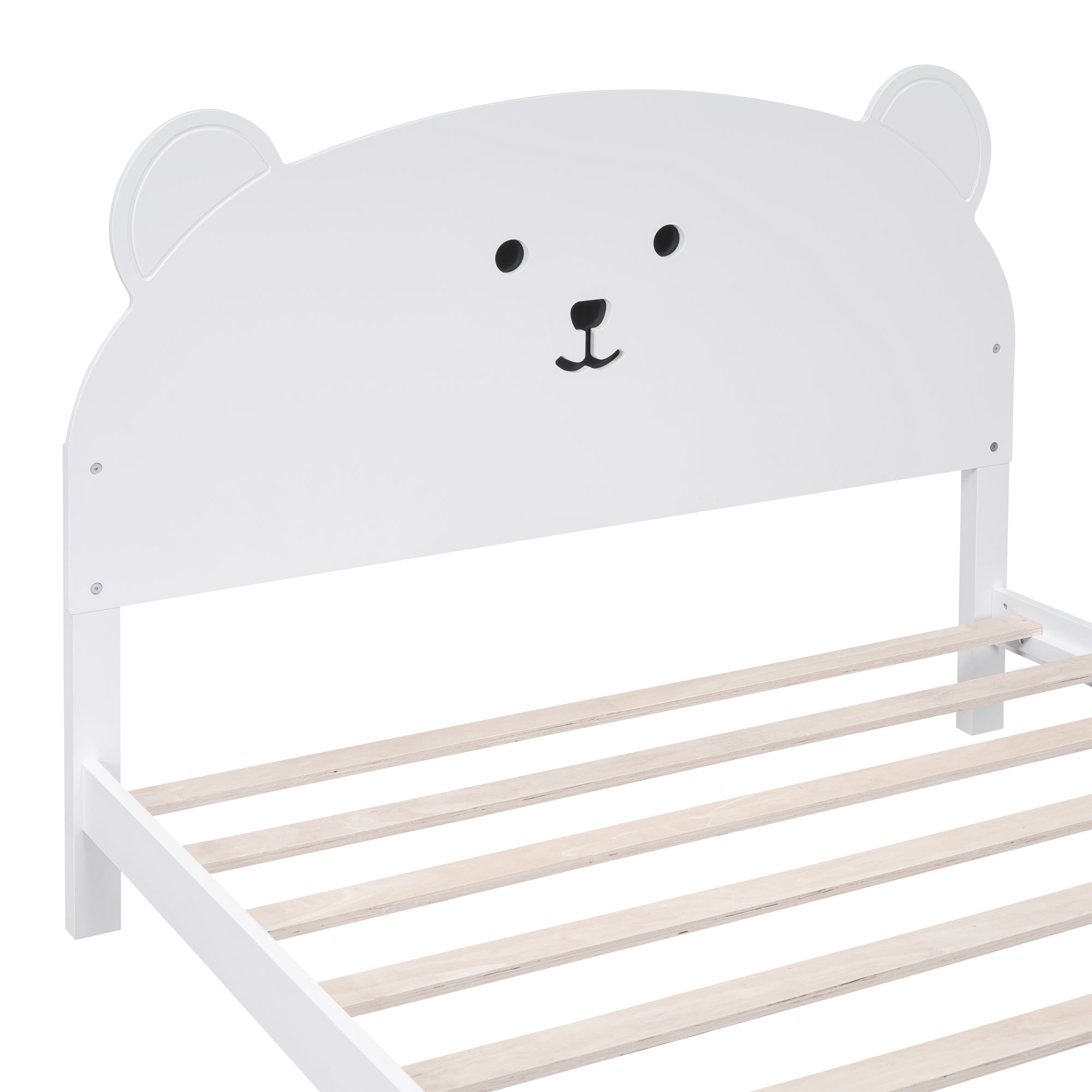 Full Size Wood Platform Bed with Bear-shaped Headboard and Footboard,White