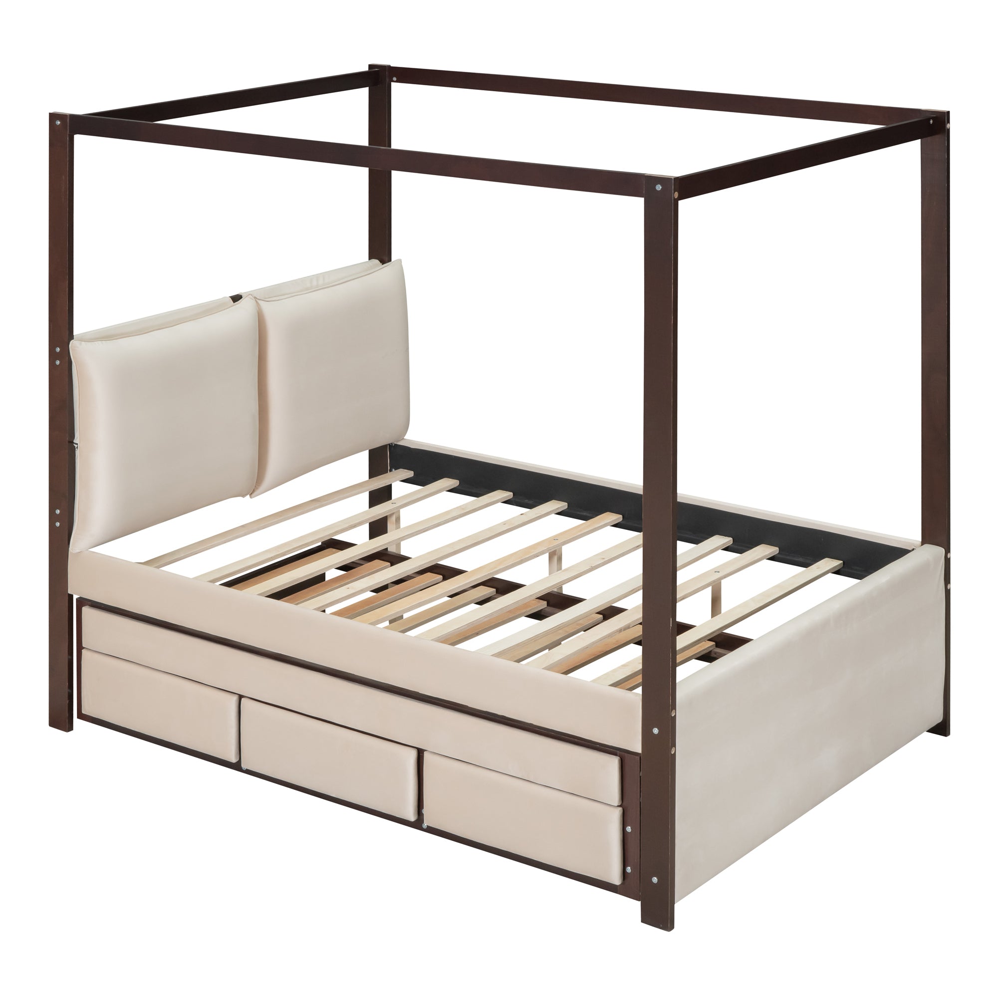 Full Size Upholstered Canopy Bed with Trundle and 3 Drawers, Beige